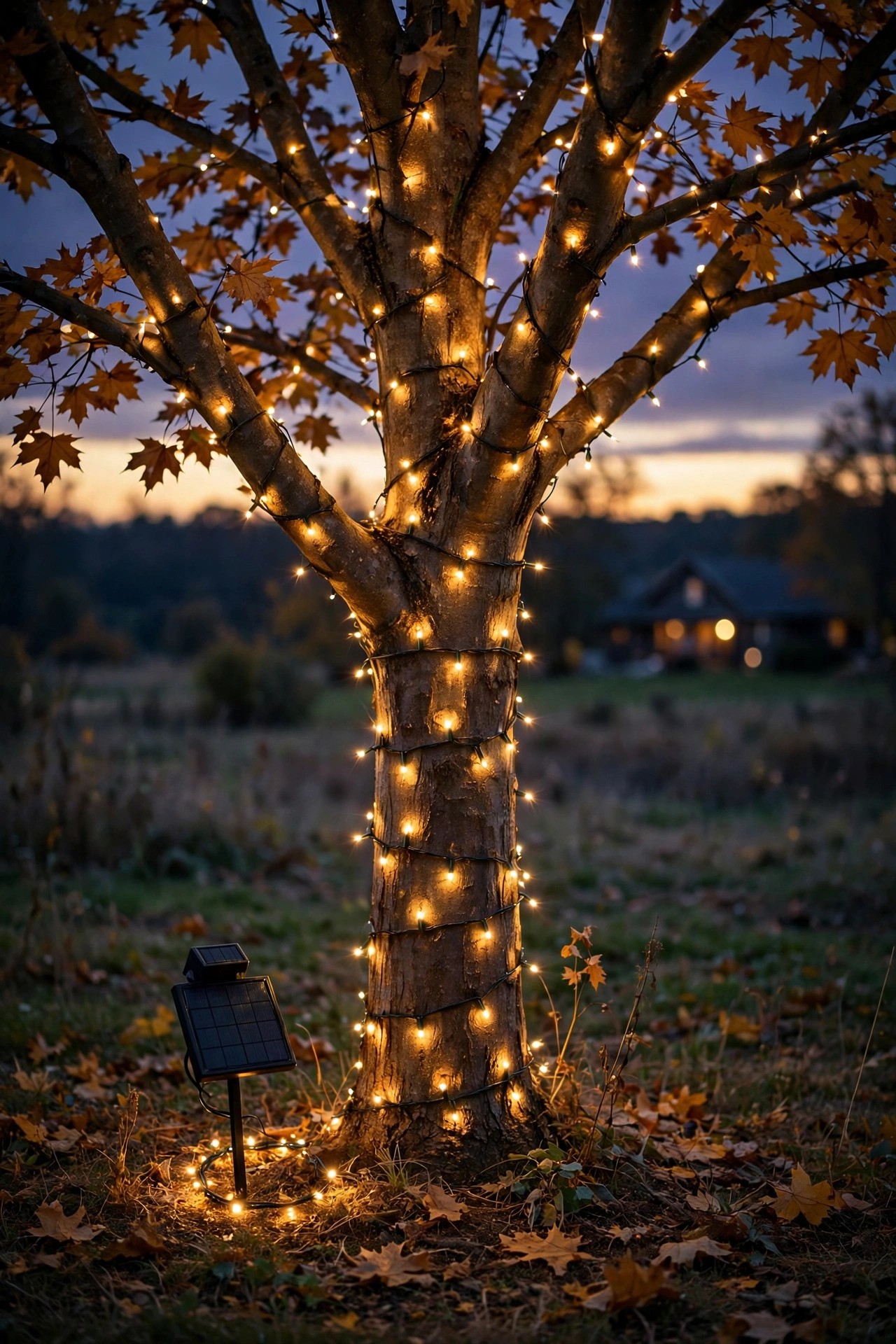 Solar fairy light wrap glowing on a maple tree far from the house with a small solar panel stake