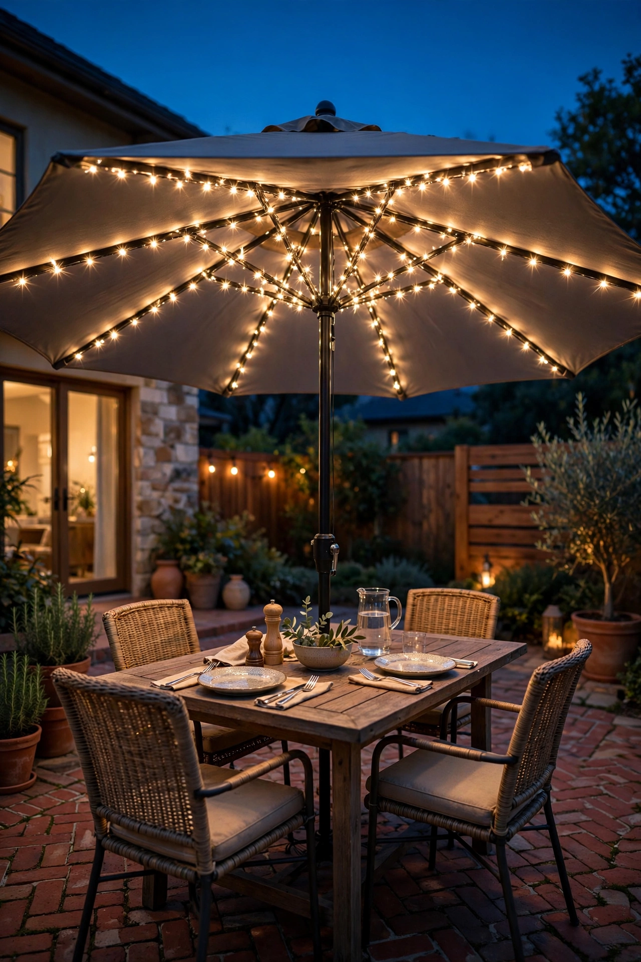 Patio umbrella wrapped in solar fairy lights glowing over an outdoor dining table