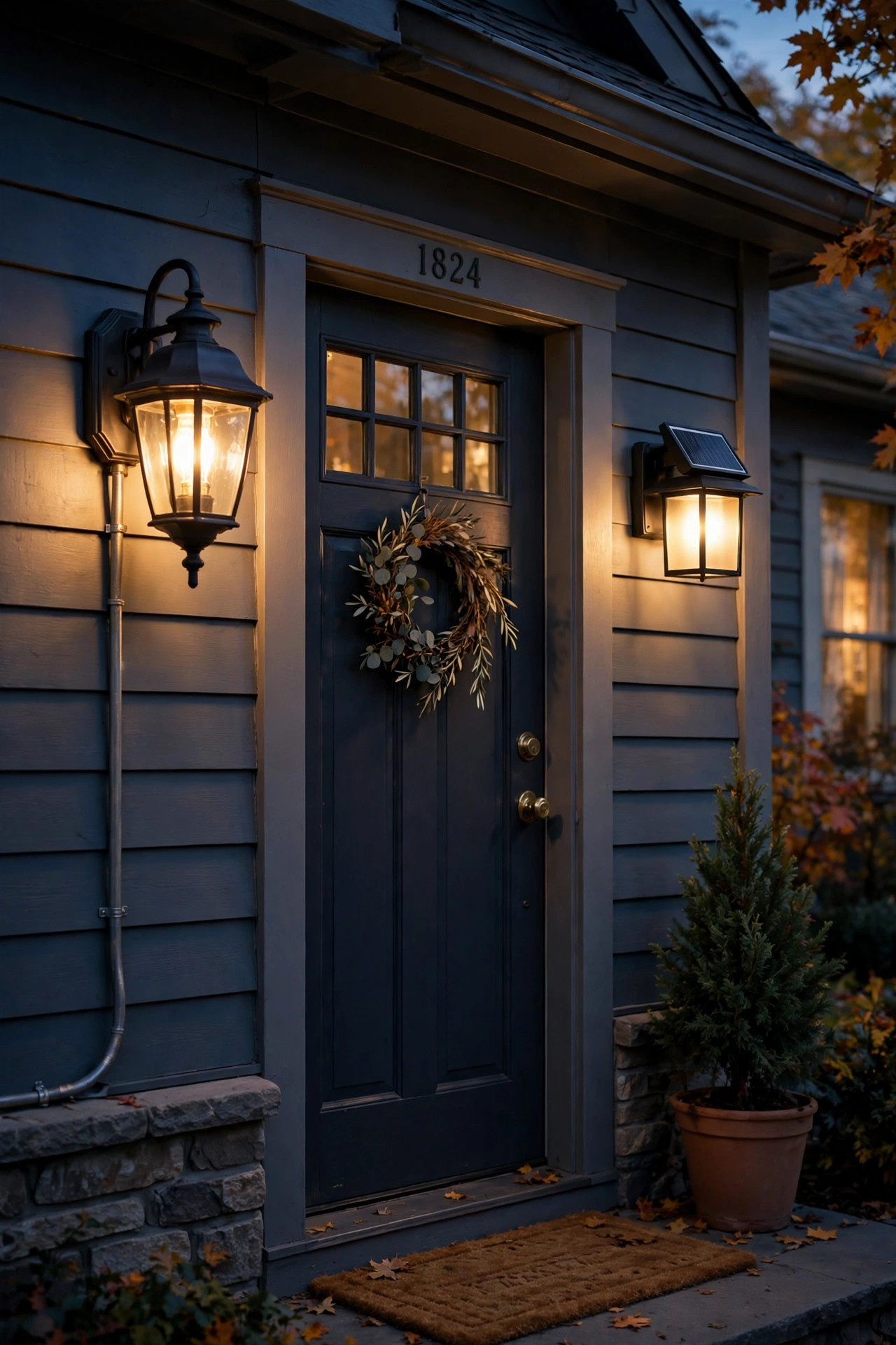 Side-by-side comparison of hardwired and solar front door sconces at dusk