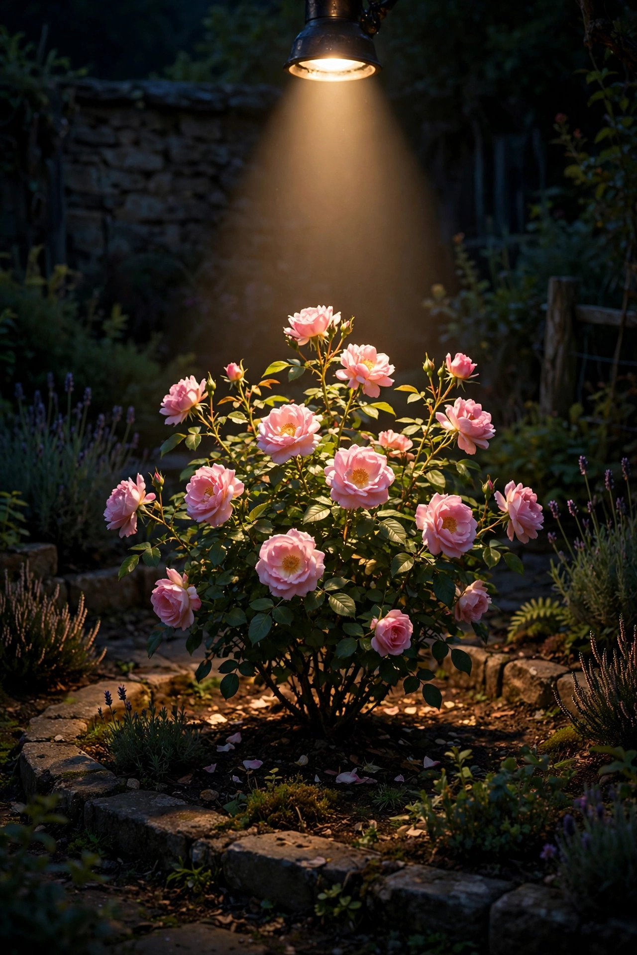 Single spotlight illuminating a specimen shrub rose in full bloom in a dark cottage garden border
