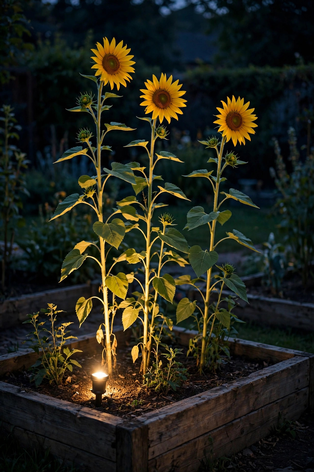 Low voltage spotlight uplighting tall sunflowers in a raised bed against the dark evening garden