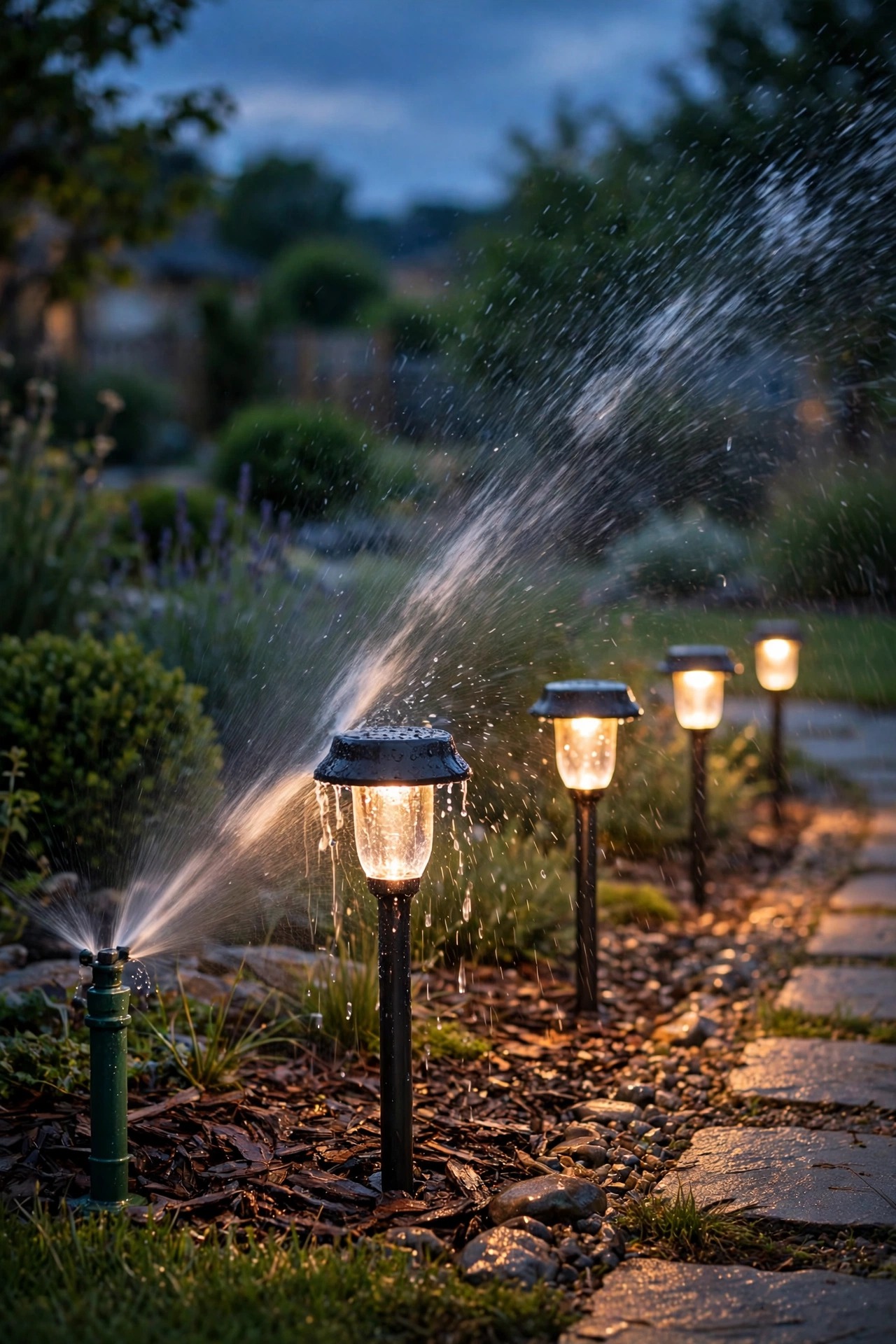 Garden sprinkler spraying near a row of landscape path lights at dusk, one light being sprayed directly, warm glow