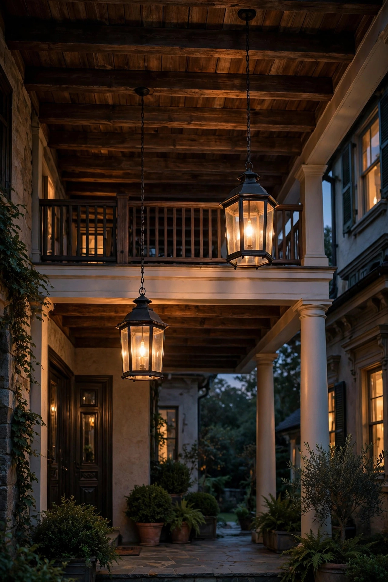 Two matching pendant lanterns hung at staggered heights across a deep two-story portico ceiling