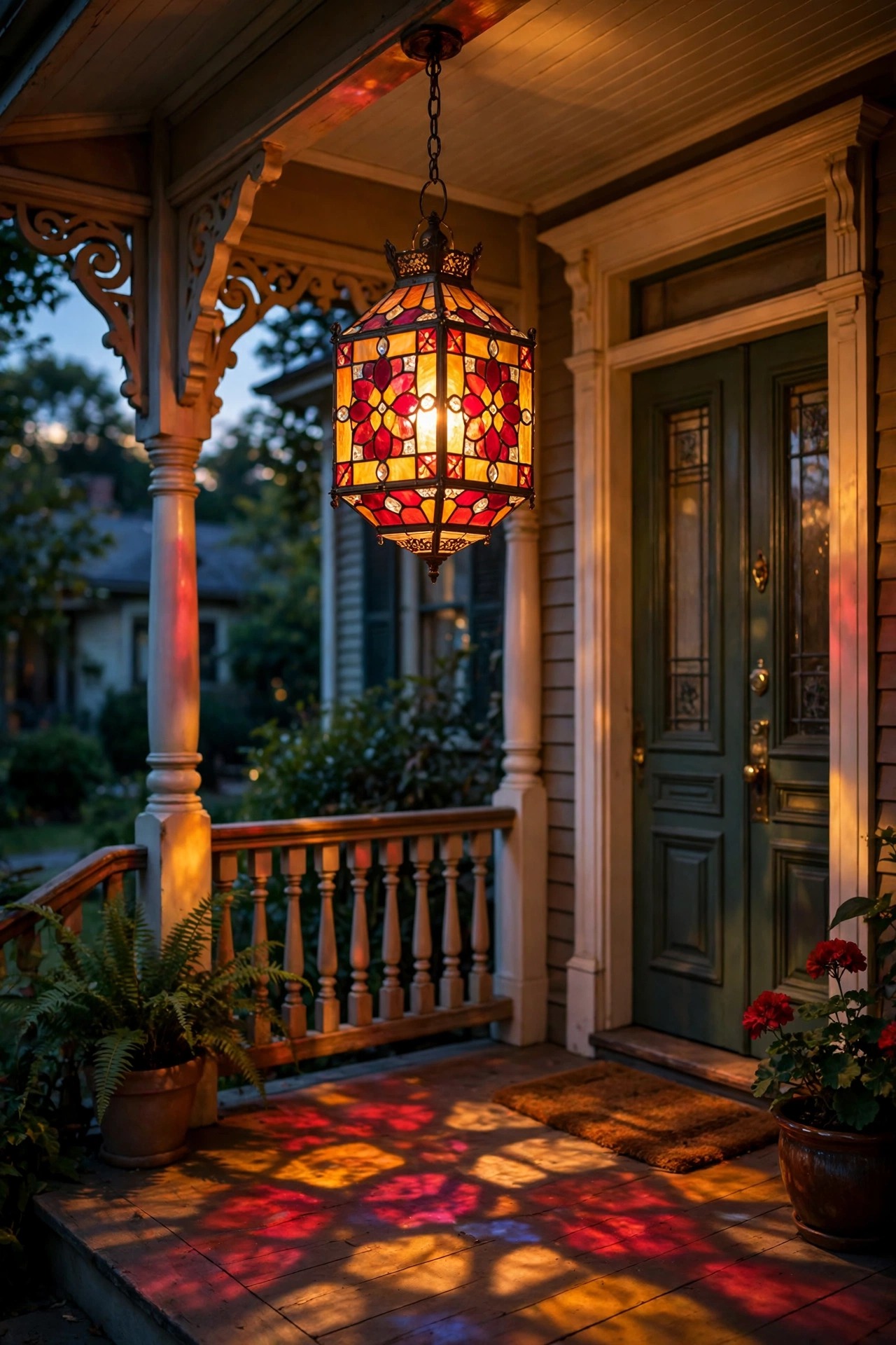 Stained-glass lantern in amber and ruby tones casting colored light on a Victorian porch