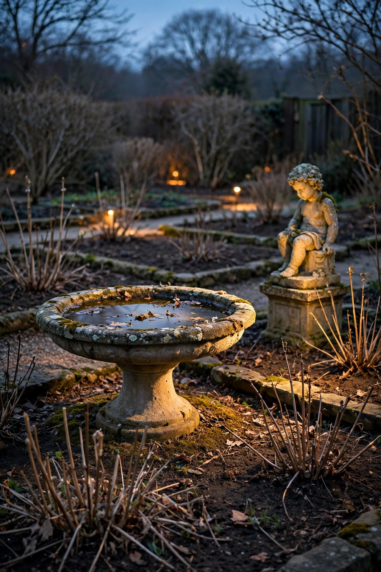 A garden birdbath and stone statue softly spotlighted among bare spring beds at dusk