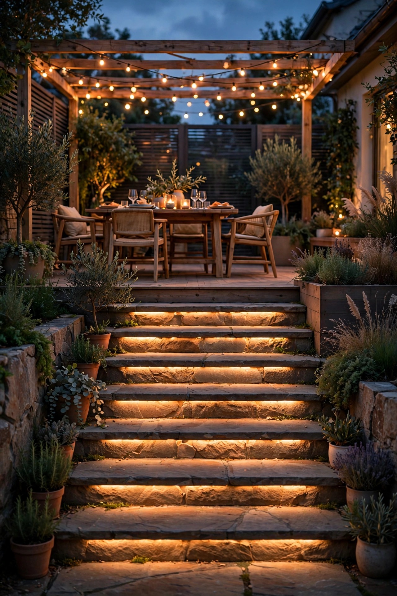Warm lights glowing on the steps leading up to a deck dining area in the early evening