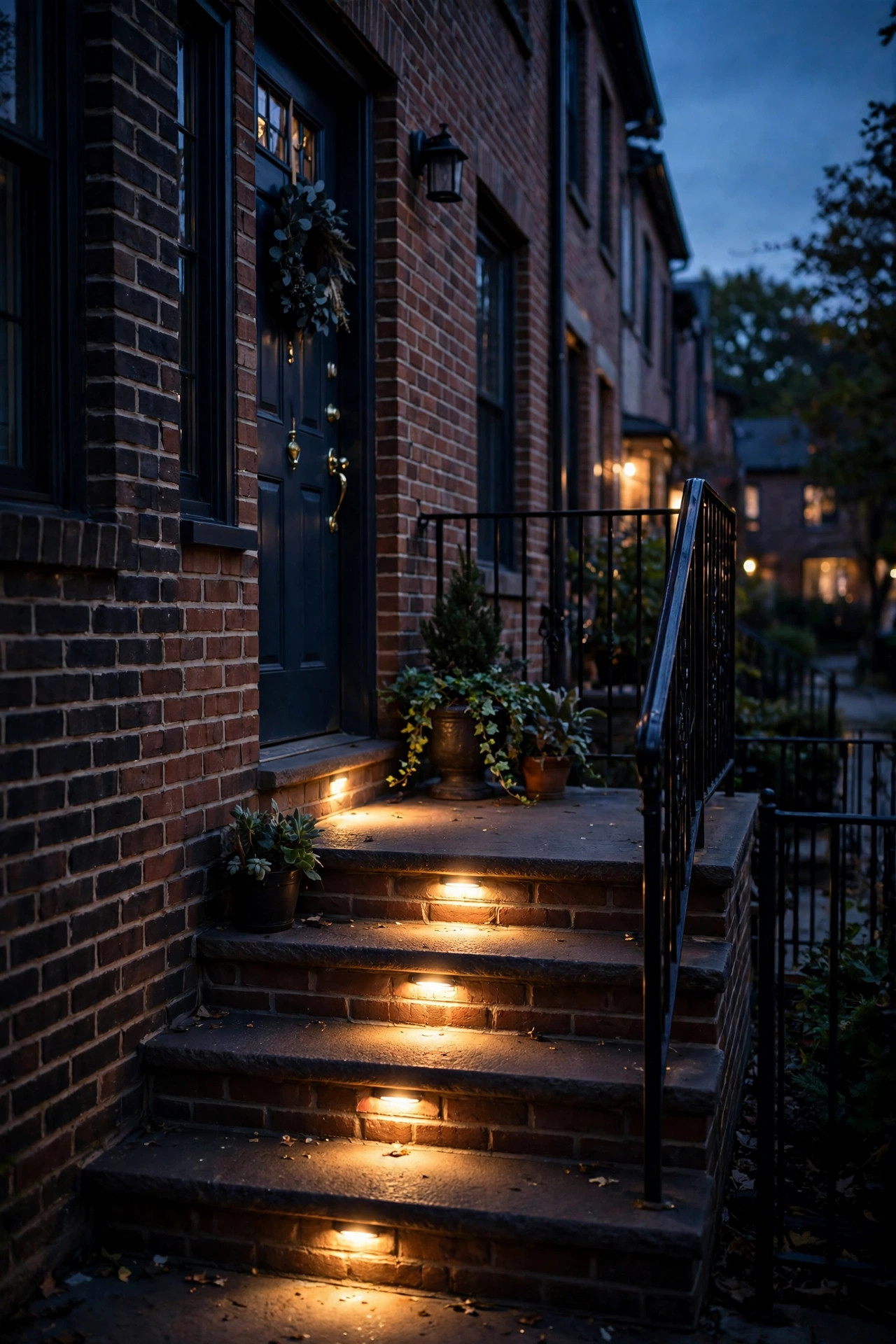 Recessed step lights glowing on a narrow brick townhome stoop at night