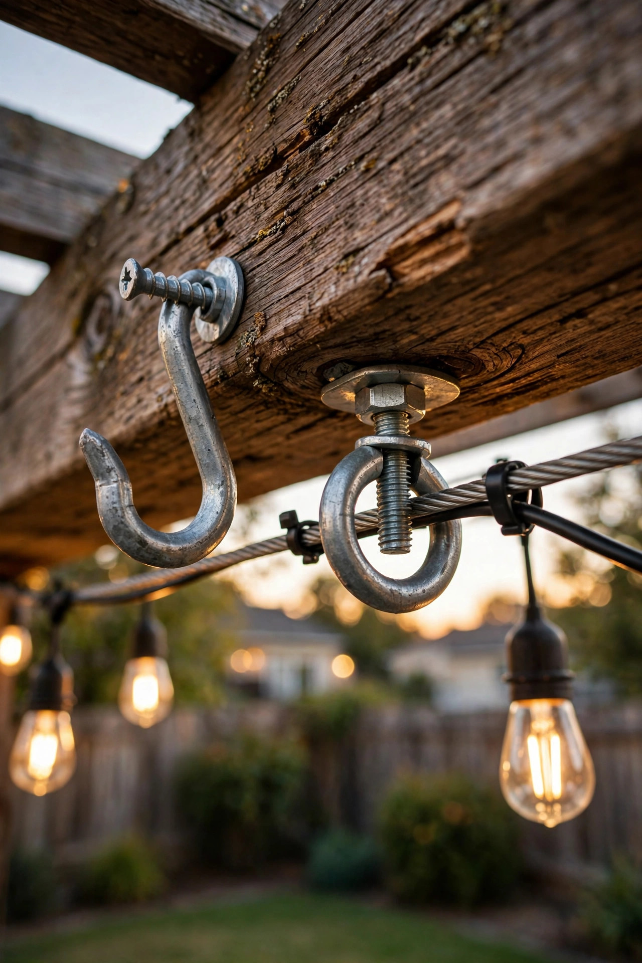 Close-up of sturdy screw-in hooks and hardware anchoring outdoor string lights to a wooden pergola beam