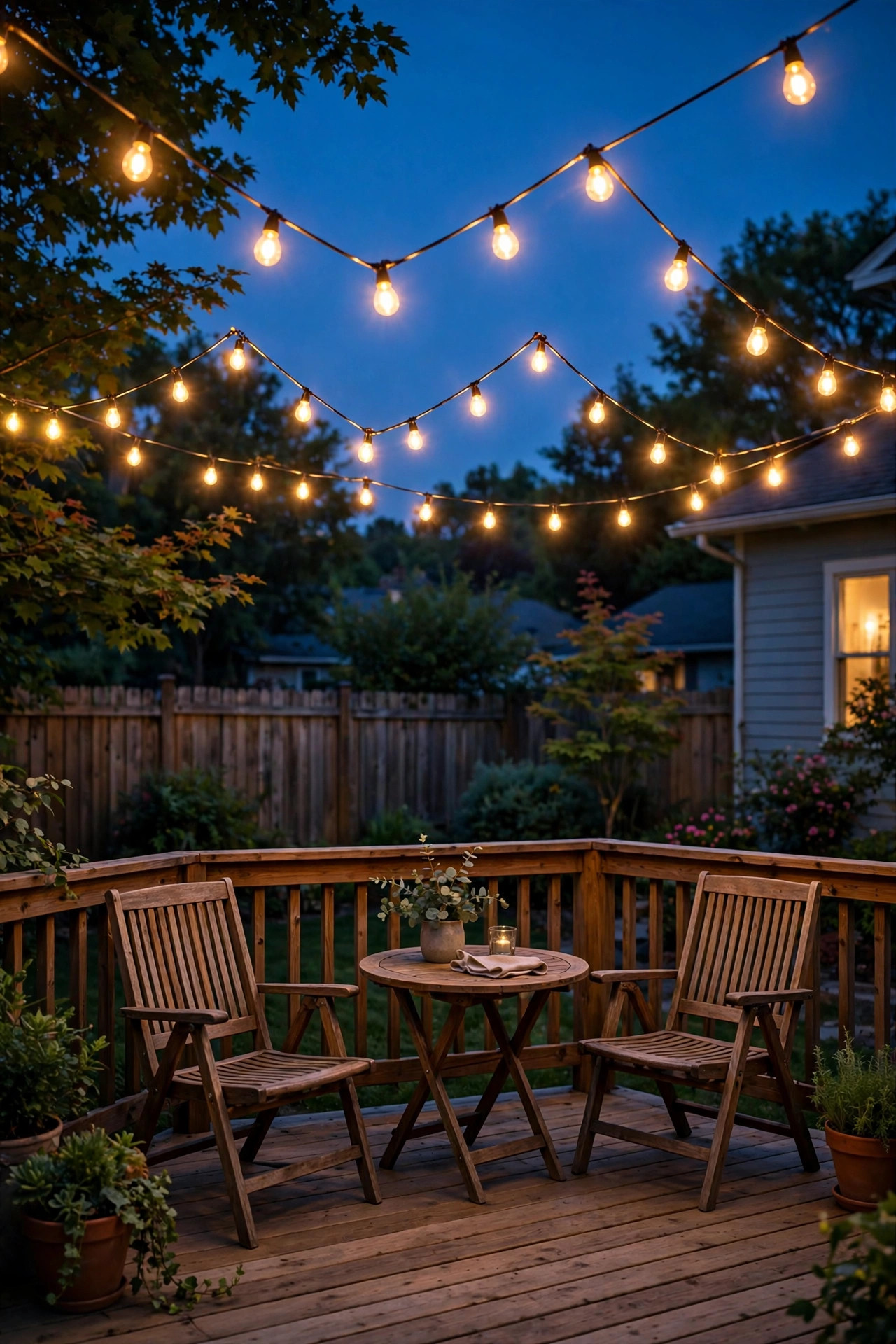 Café string lights zigzagged in a canopy over a wooden deck seating area at dusk