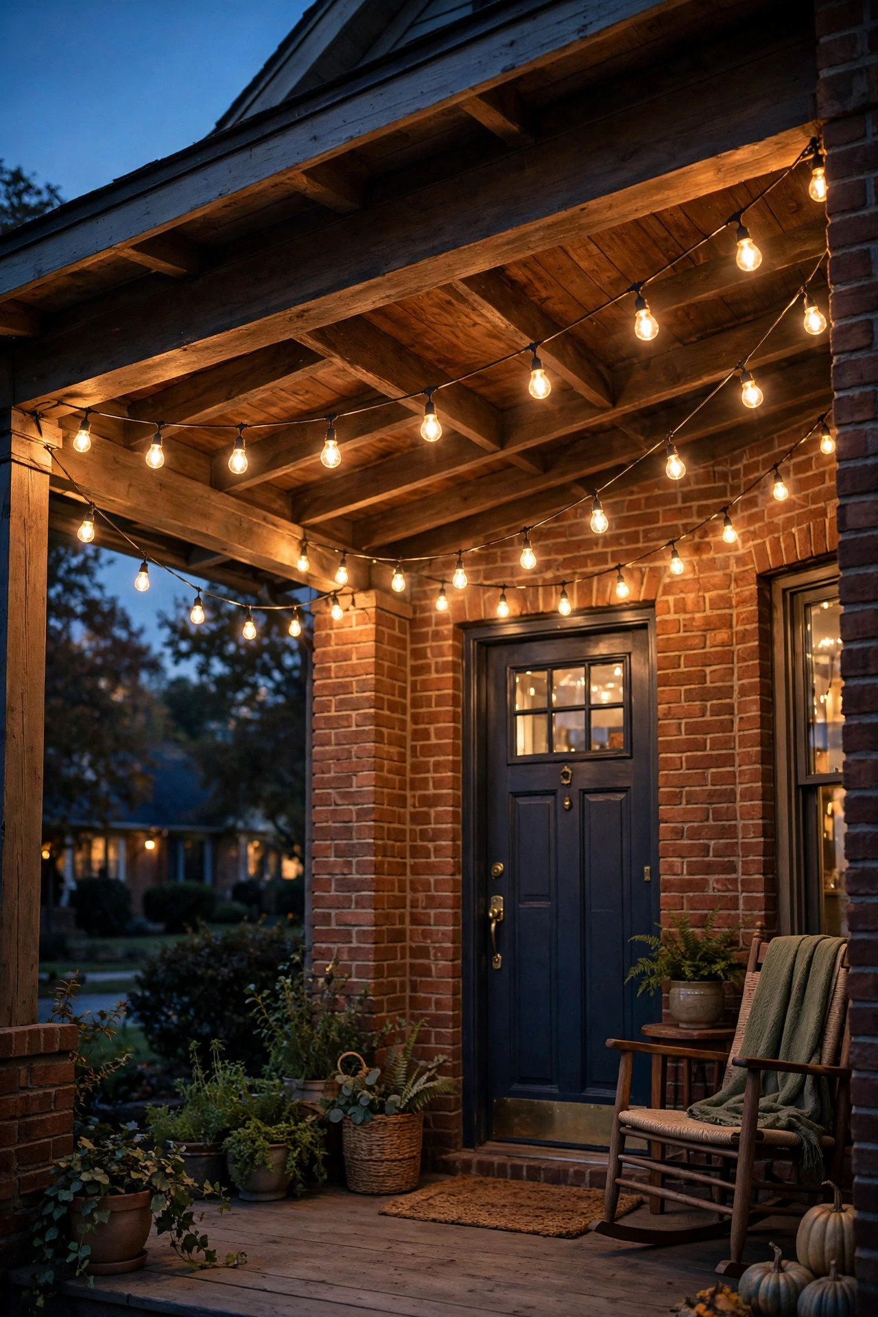 Warm string lights swagged across a brick porch ceiling with glowing cafe bulbs at twilight