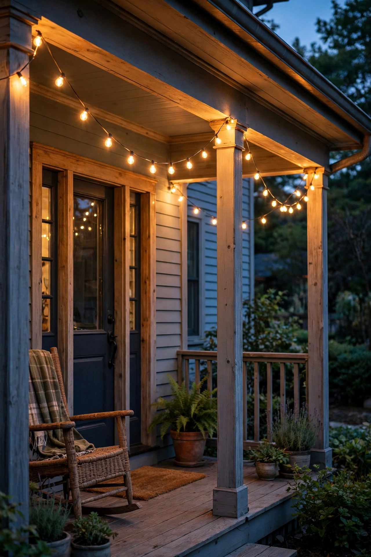 Warm LED string lights draped across a front porch at dusk, set to switch off late evening