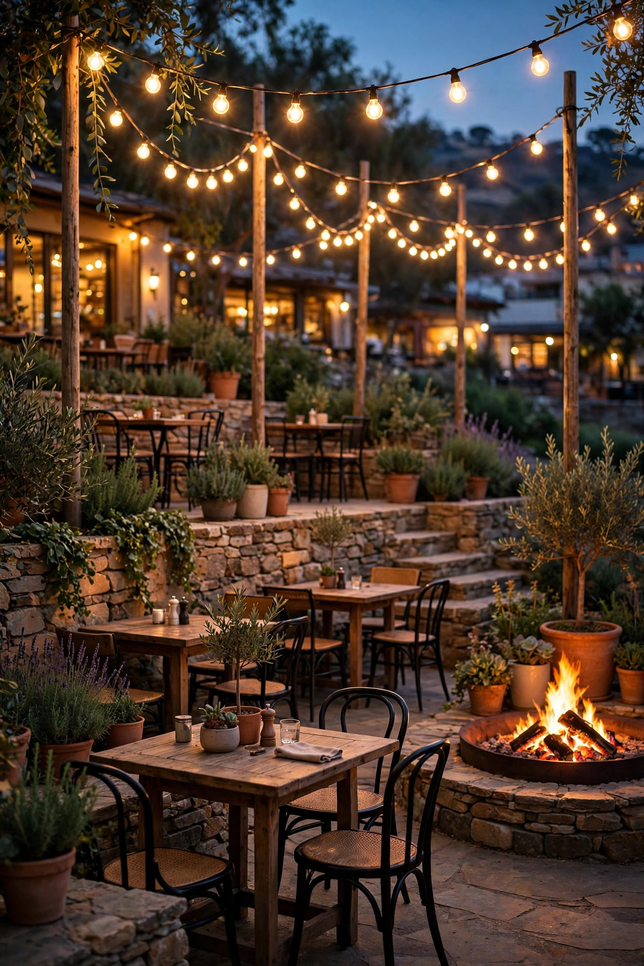 Cafe string lights swagged on poles above a terraced seating level beside a glowing fire pit