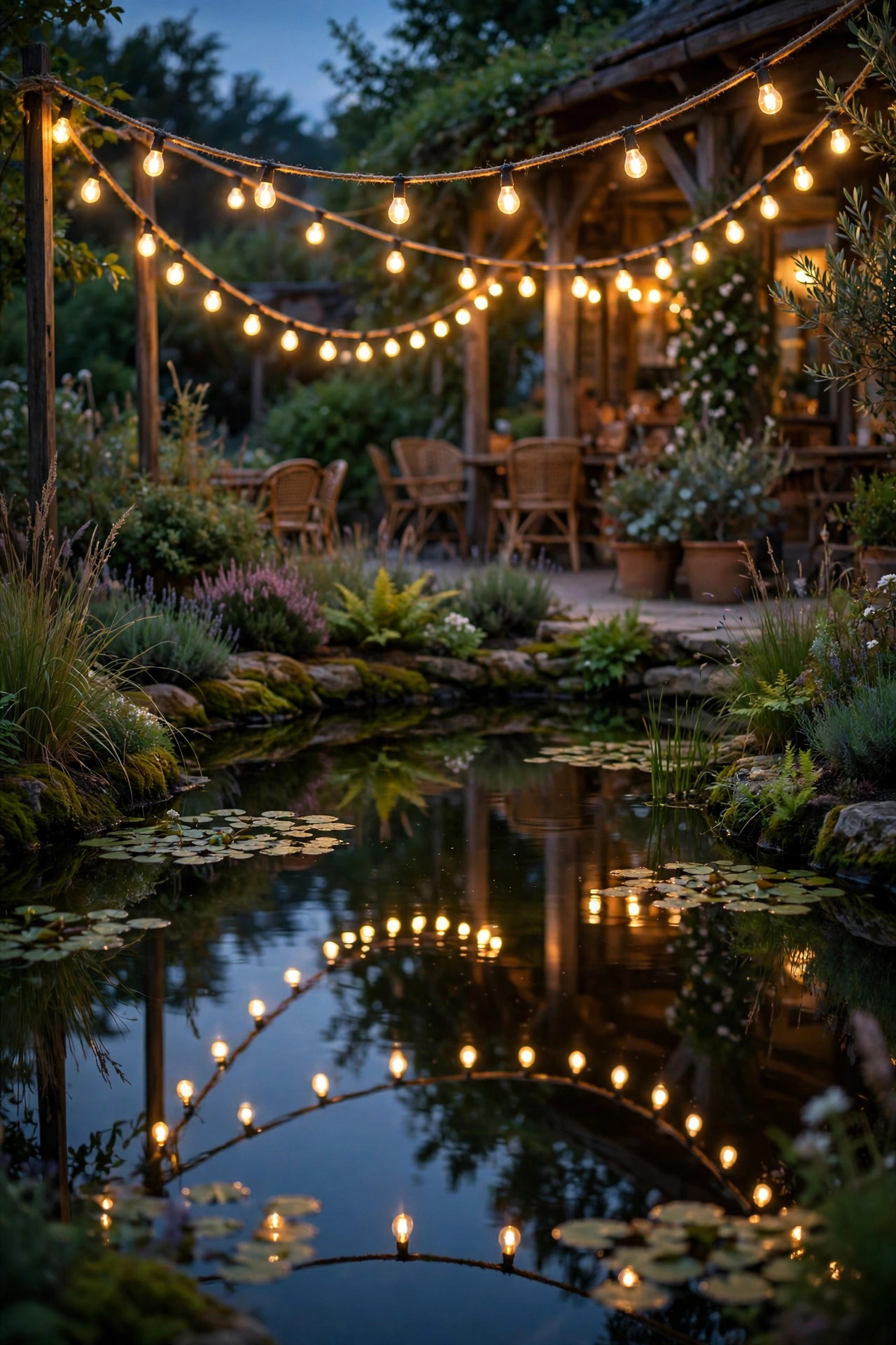 Warm café string lights swagged above a garden pond at dusk, their bulbs reflected in the still water below