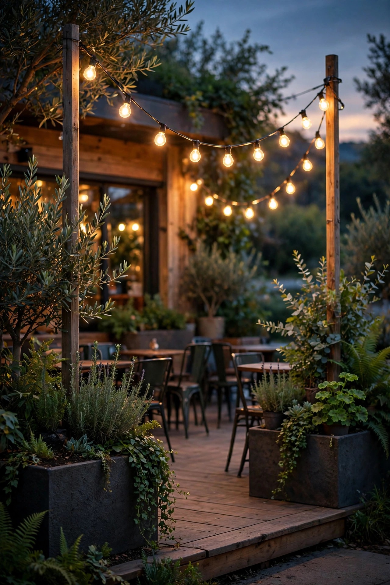 Cafe string lights swagged between poles set in planters over a low ground level deck at dusk