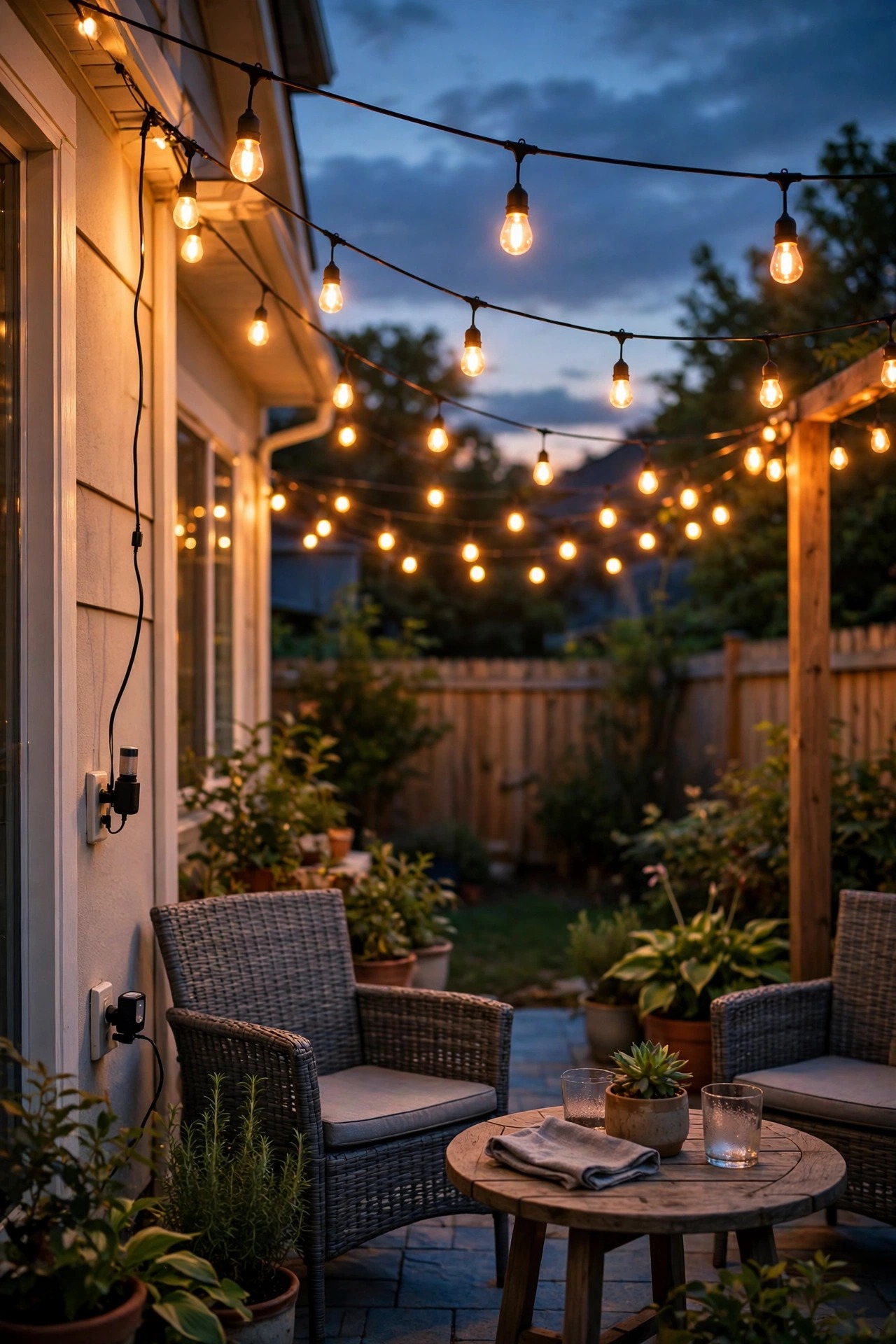 Photorealistic evening view of warm string lights glowing over a suburban patio seating area, plugged into a wall outlet with a small photocell adapter, dusk sky above
