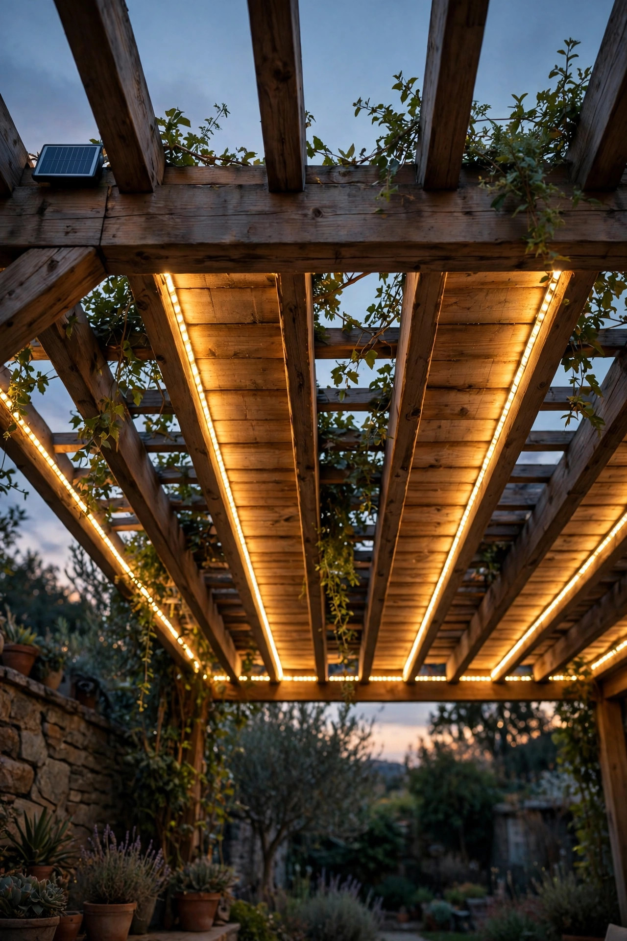 Solar LED strip lights glowing under pergola rafters washing the ceiling beams in warm light