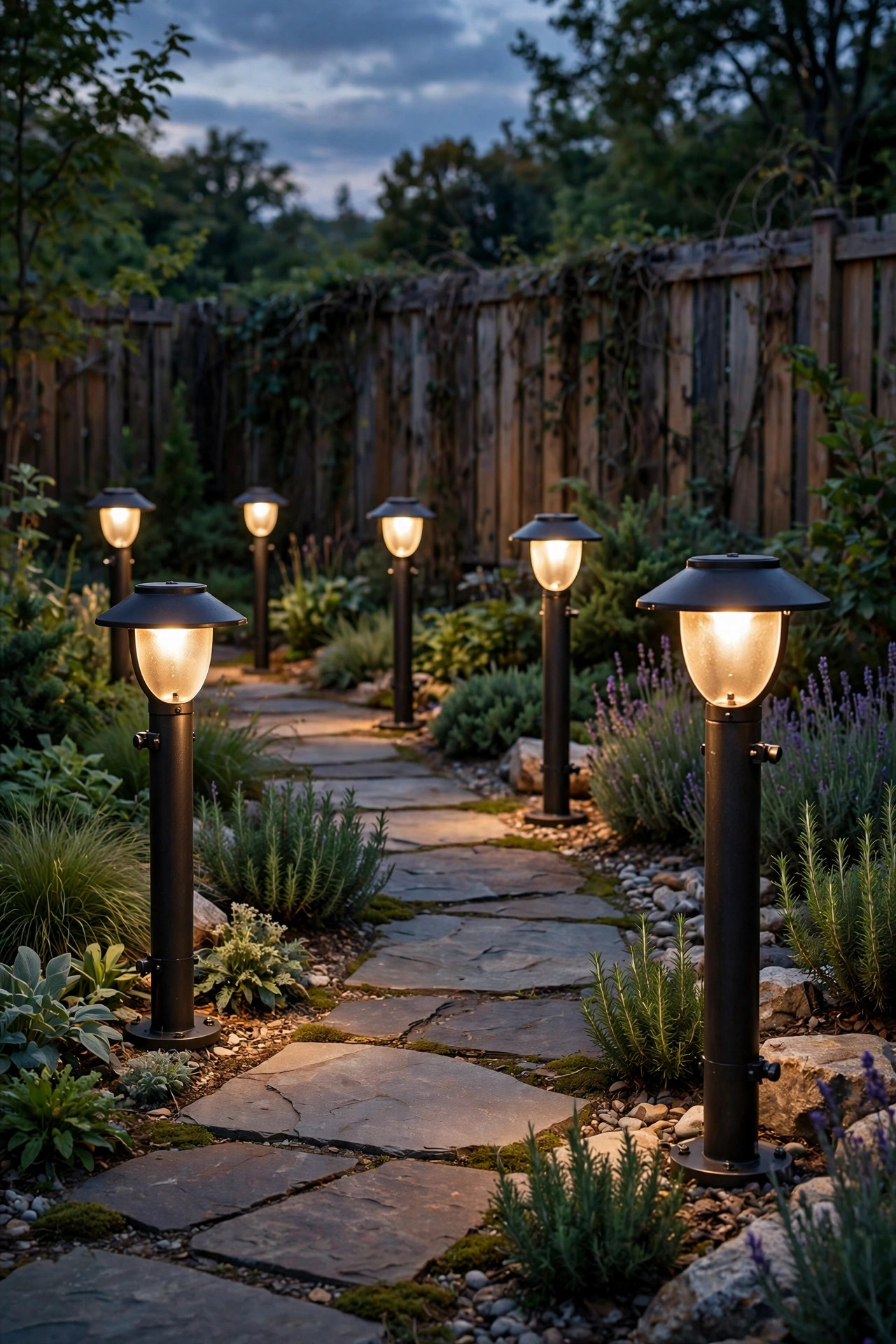 Sturdy metal bollard lights with shielded warm glow along a backyard walkway at dusk