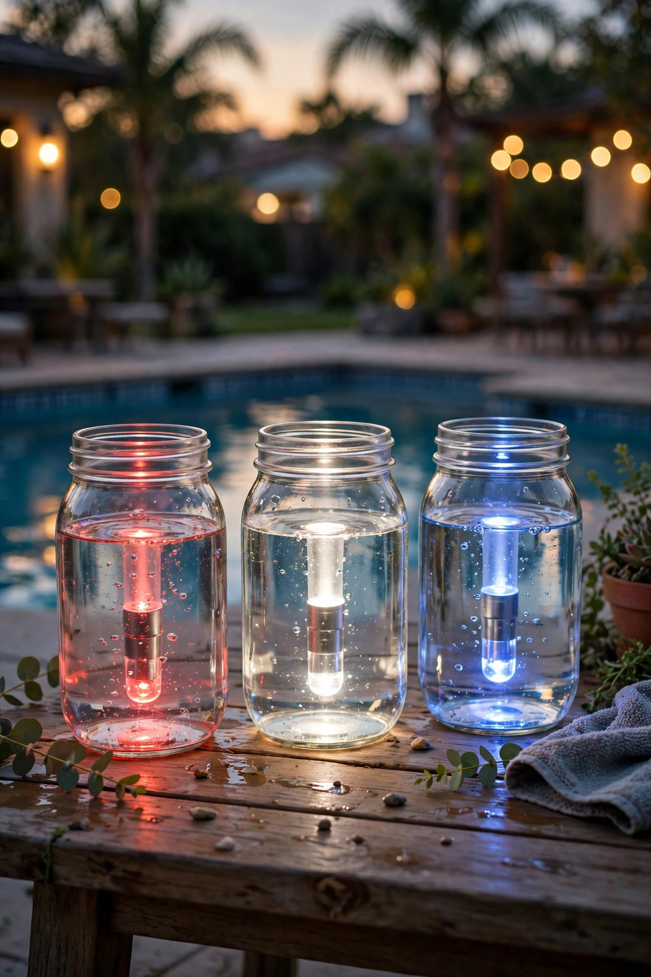 Mason jars with glowing red white and blue submersible LED lights on a poolside table at dusk