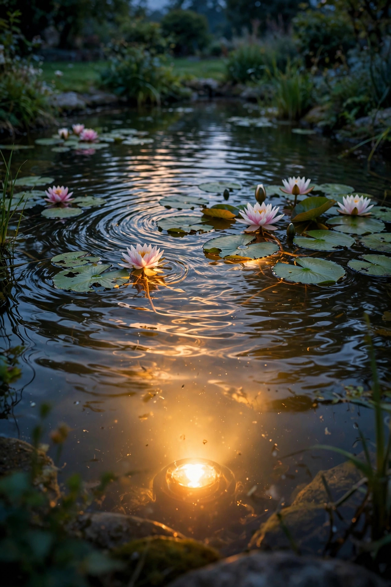 Submersible warm light glowing beneath the surface of a garden pond at dusk with reflections rippling through summer water lilies