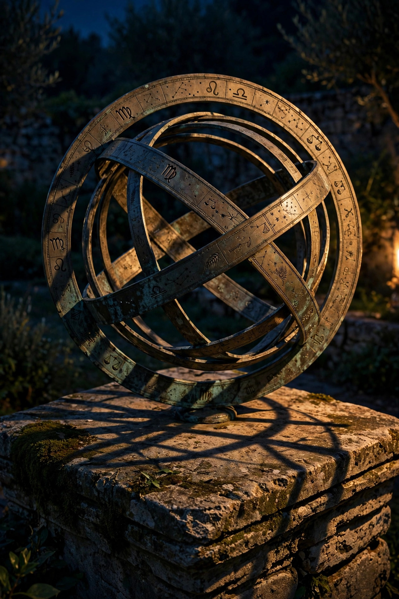 Bronze armillary sphere on a stone pedestal grazed by warm side light at night, engraved details and ring shadows visible