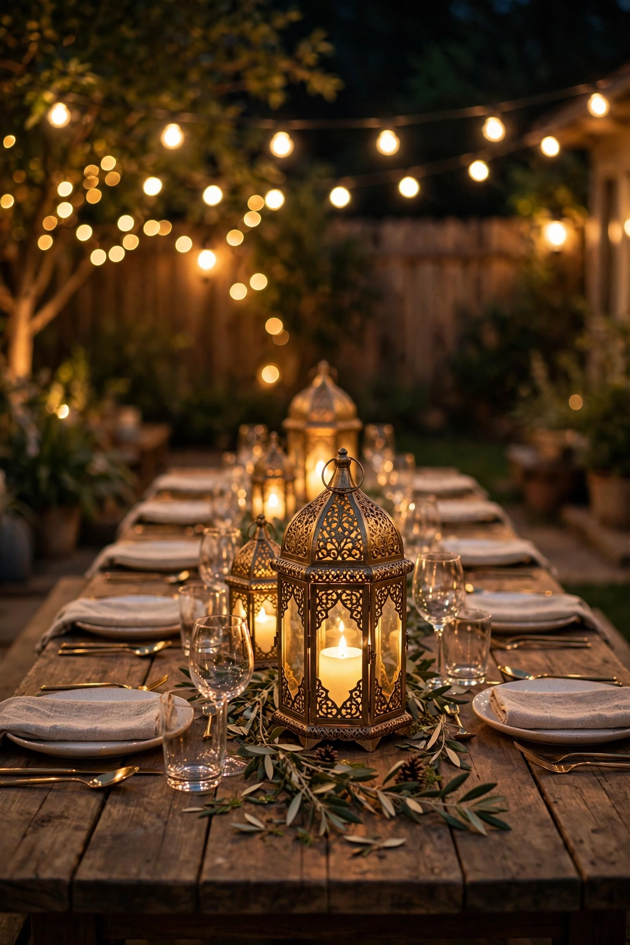 Lantern centerpieces with LED candles glowing on an outdoor party dining table at night