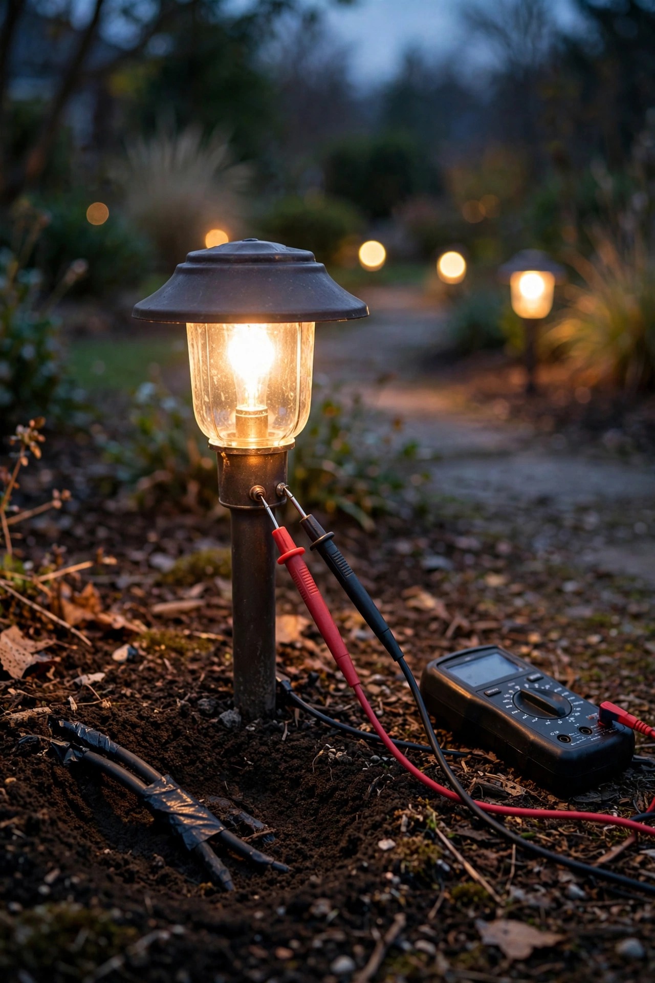 Multimeter probes testing voltage at a landscape path light fixture at dusk, repaired cable splice visible in the soil nearby, warm lights glowing