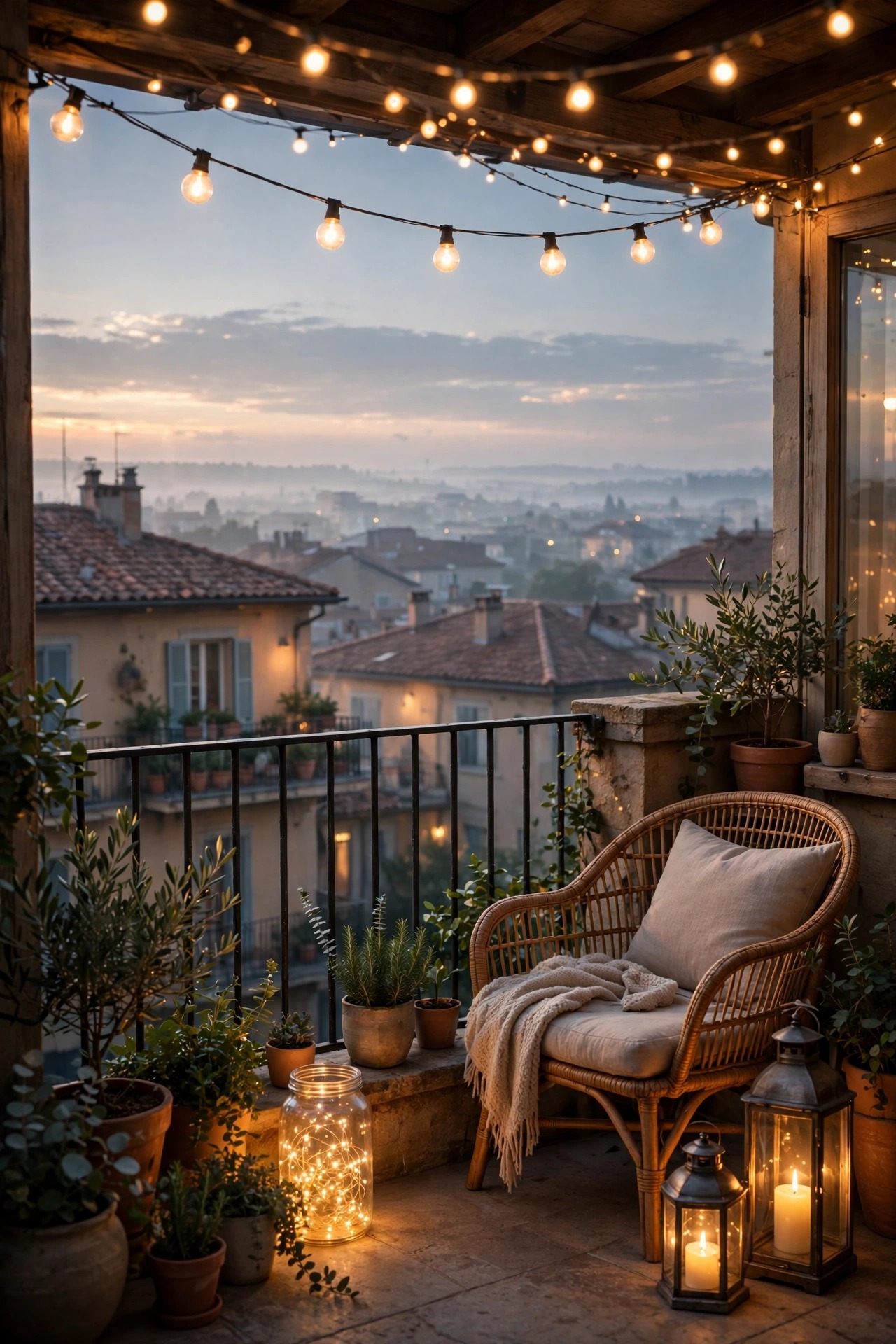 Balcony at dawn showing three layers of morning light with string lights above, lanterns beside a chair and fairy lights in a jar