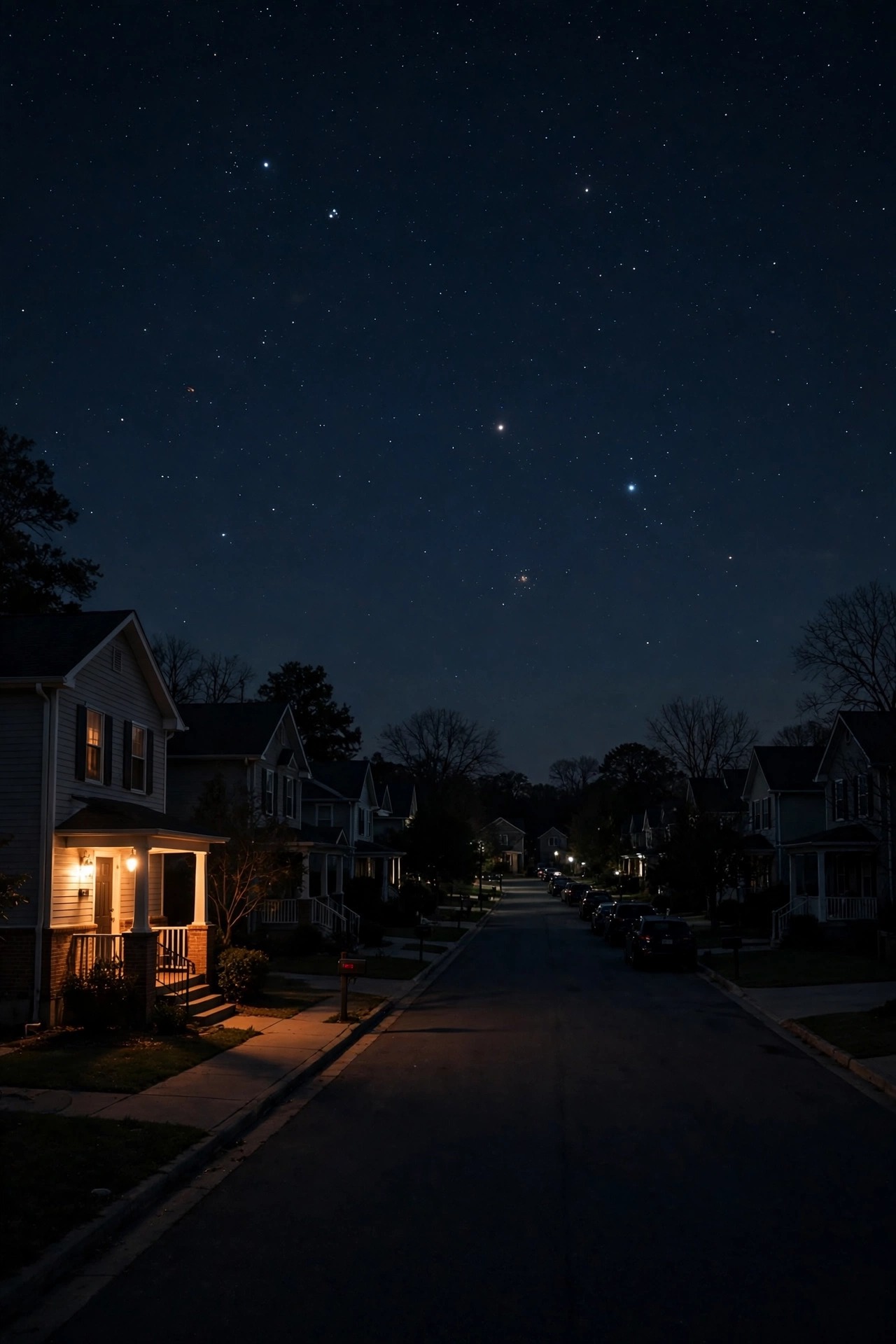 Quiet residential street at night with porch lights on a late-evening curfew, most porches dark and warm stars visible overhead
