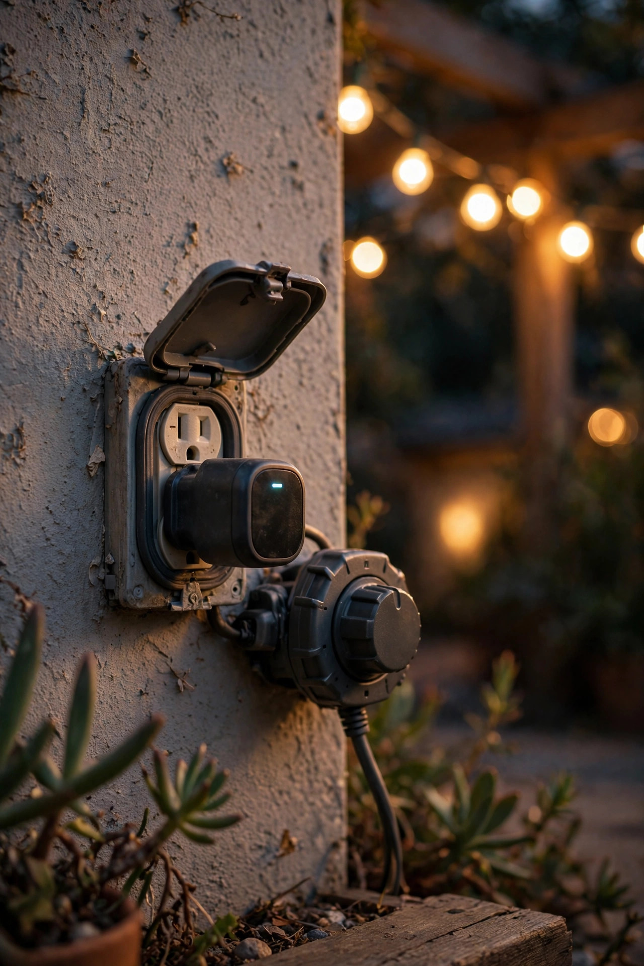 Weatherproof smart plug and timer beside a patio outlet with warm string lights glowing in the background
