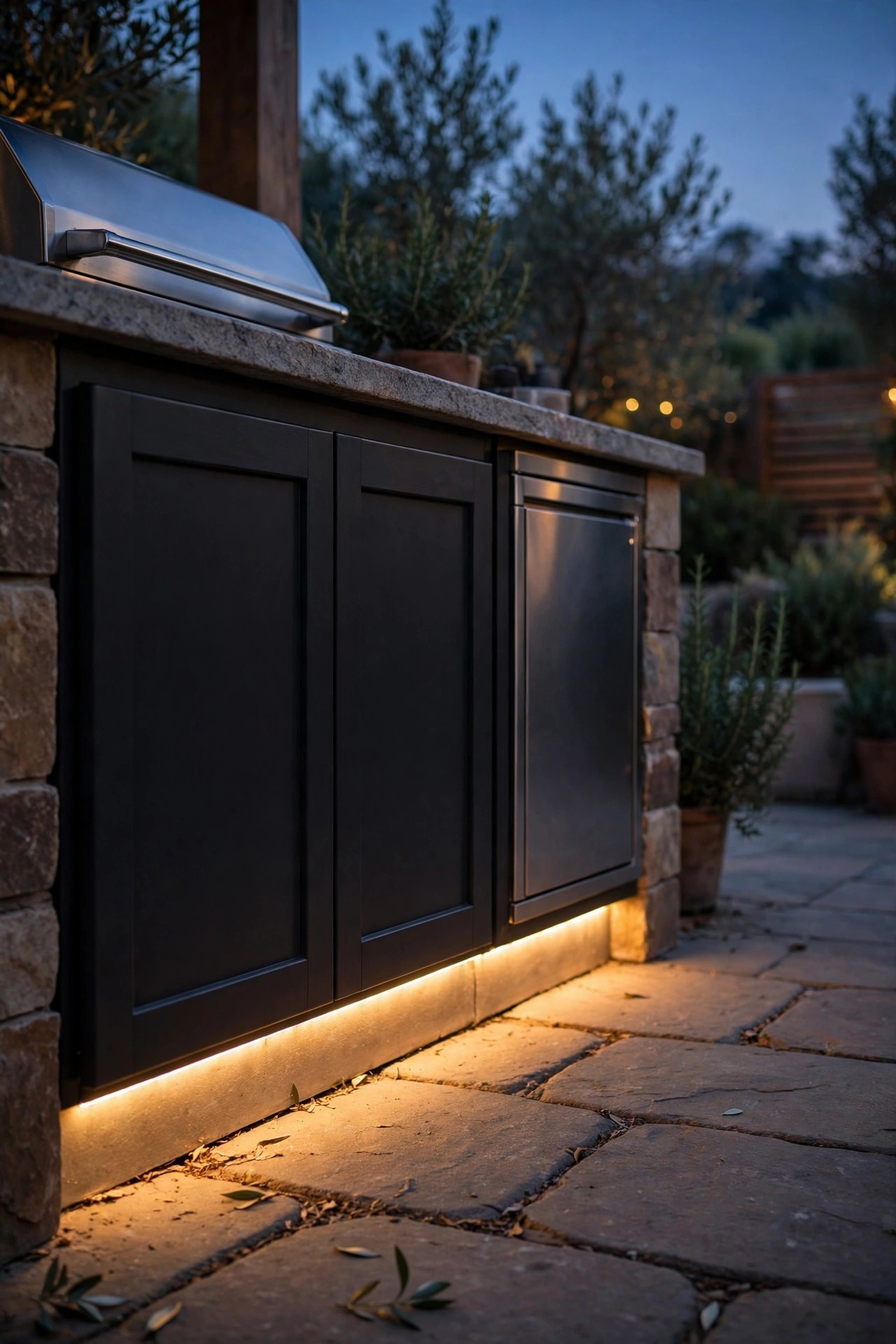 Warm toe-kick LED strip lighting glowing beneath outdoor kitchen base cabinets