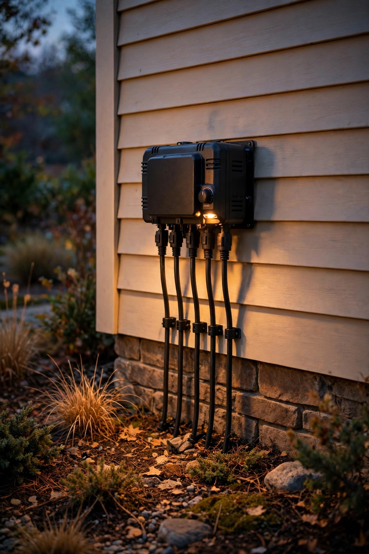 Low-voltage landscape lighting transformer mounted on a house wall at dusk with neat cable runs and waterproof connectors below it