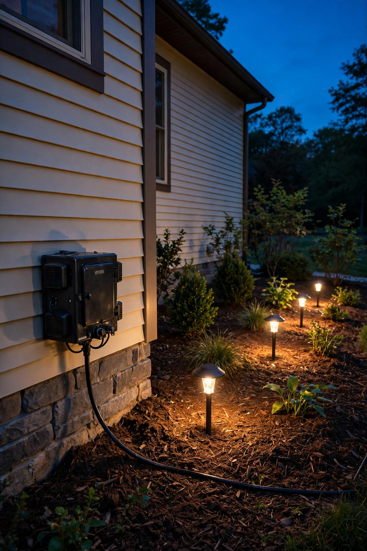 Low-voltage landscape lighting transformer mounted on a garage wall with labeled zone cables running to the yard