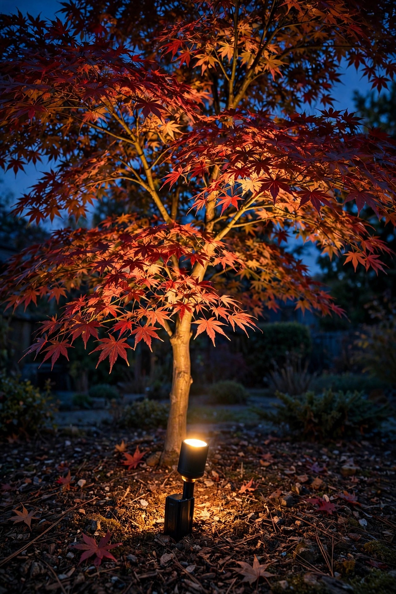 Battery powered stake spotlight uplighting a Japanese maple tree from a mulch bed on a dark evening