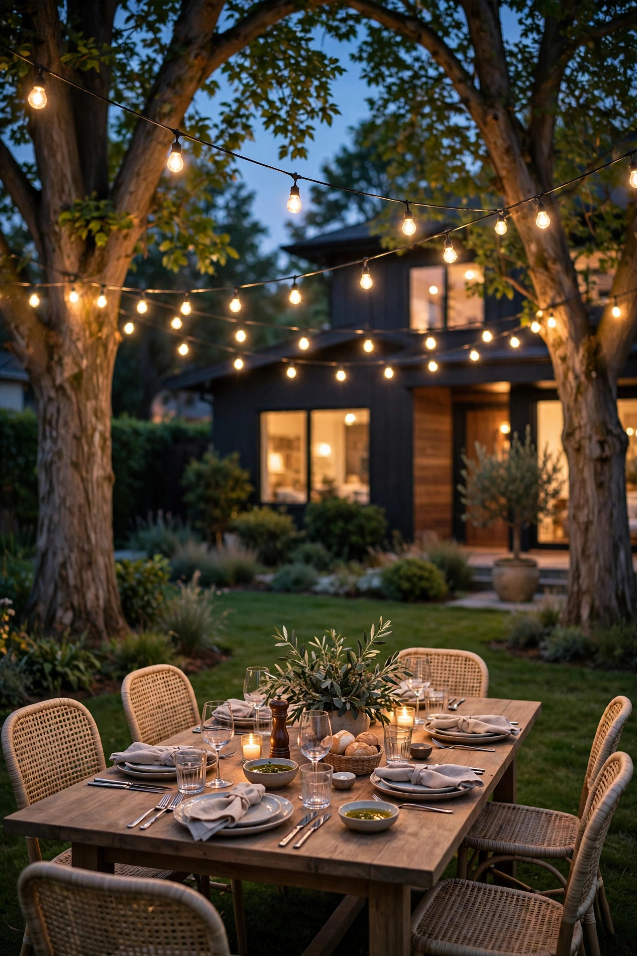 Warm string lights strung between two large trees over a dining table on the lawn