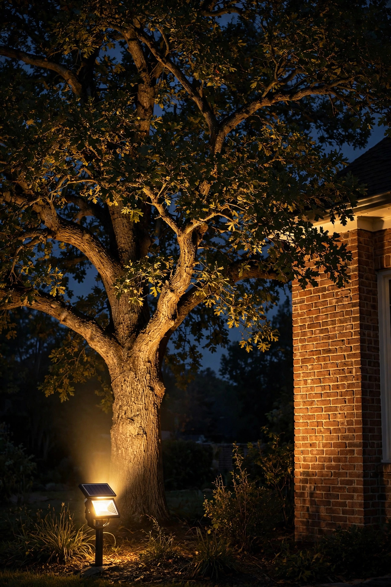 Solar flood light uplighting a mature oak tree canopy and grazing a brick facade at night