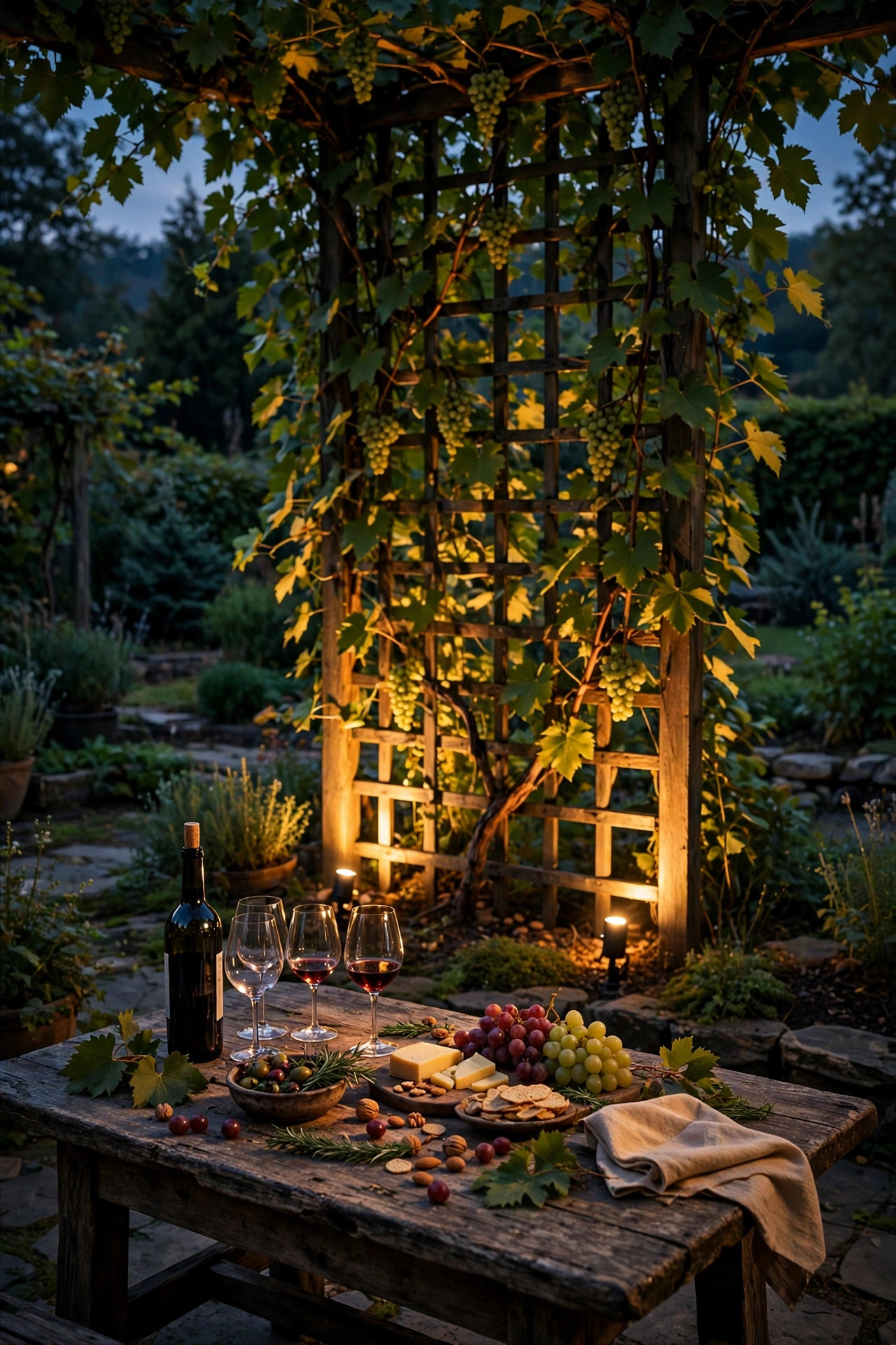 Low uplights washing warm light up a garden trellis and vine behind an outdoor wine tasting table at night