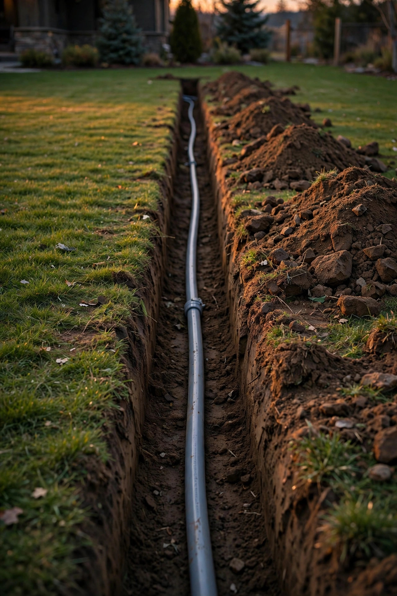 Deep trench with gray PVC conduit being laid for a line voltage outdoor lighting run across a lawn