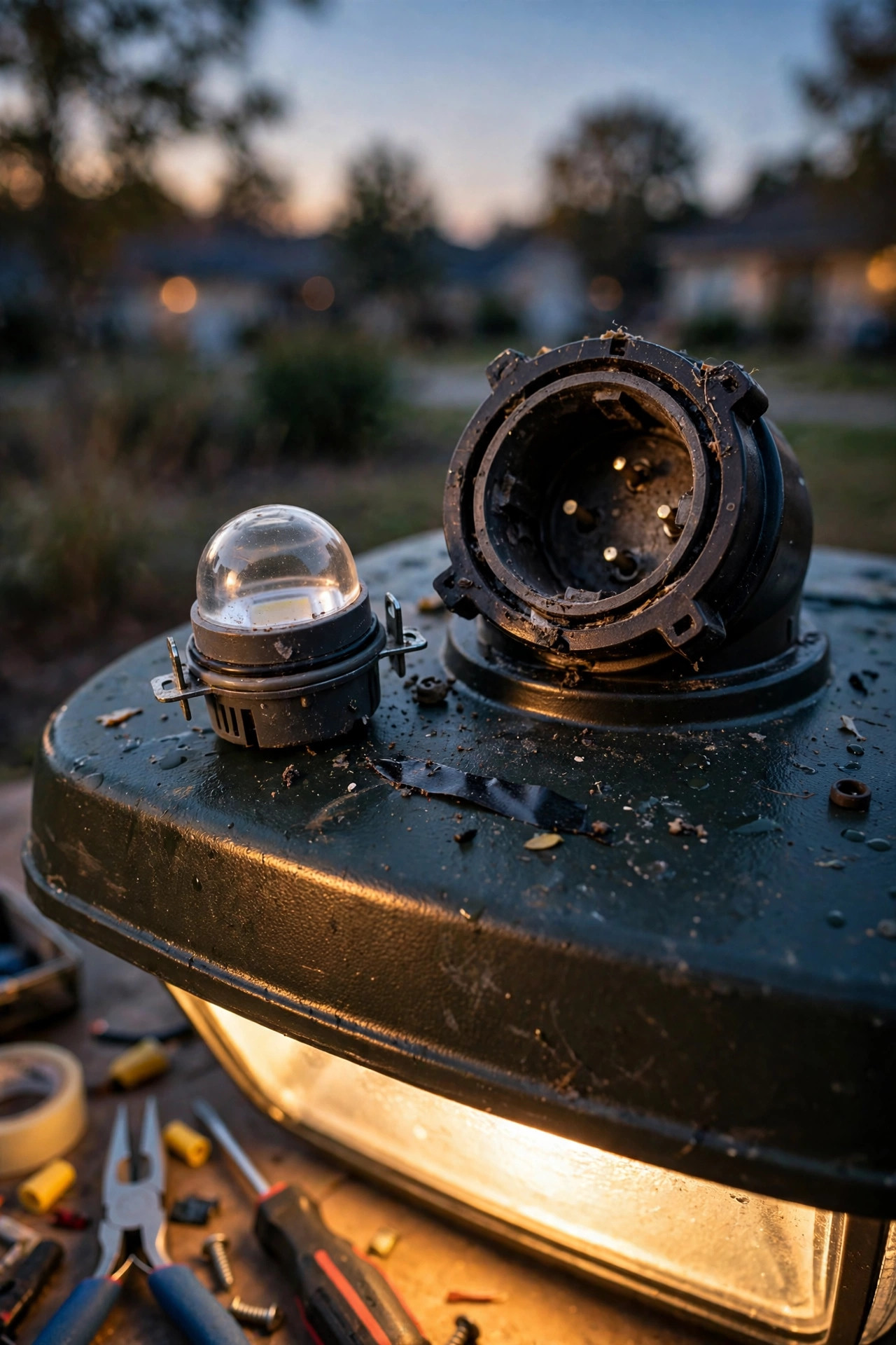 Twist-lock photocell sensor beside its receptacle on top of an outdoor area light