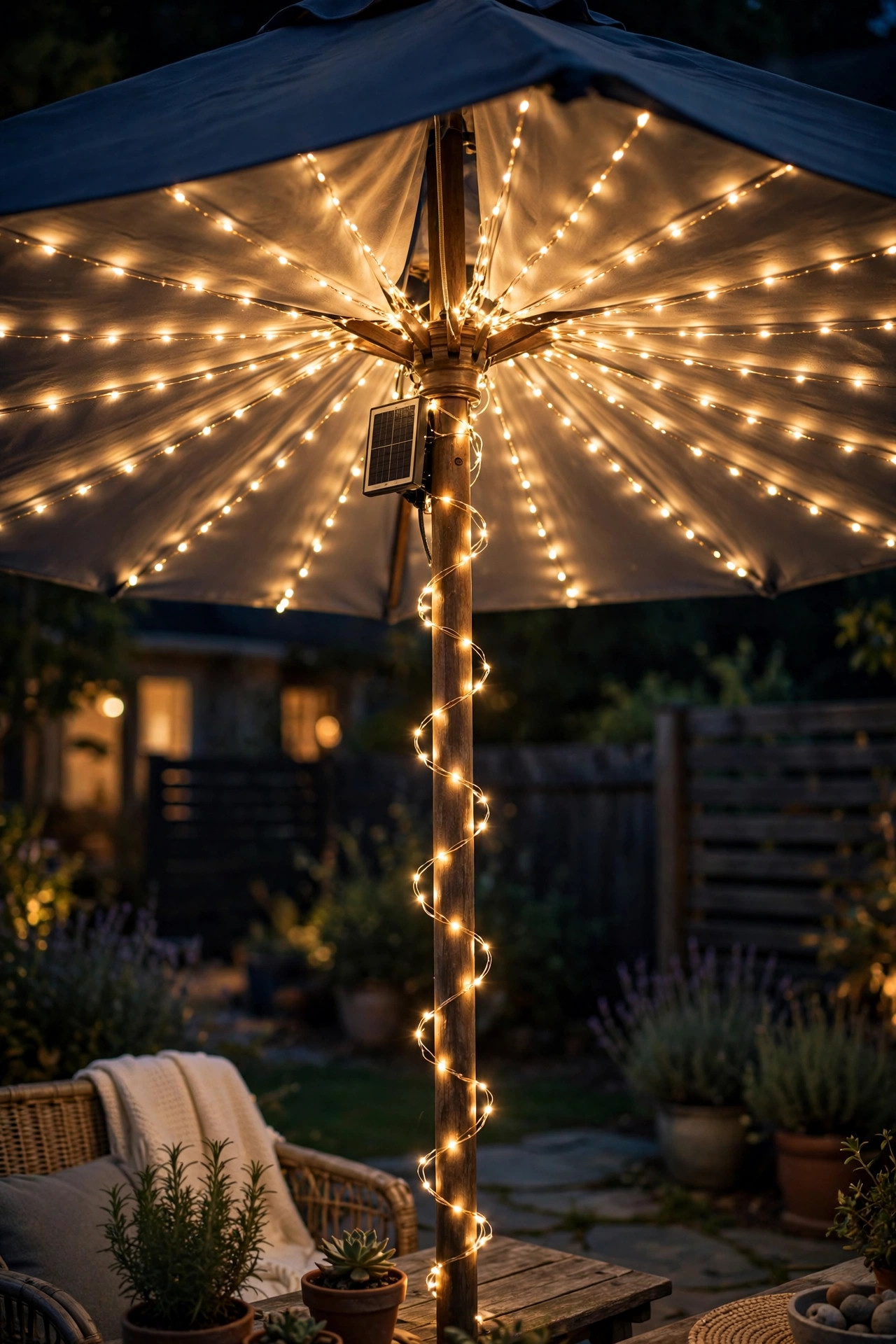 Solar fairy string lights spiraled around a patio umbrella pole and under its canopy glowing at night