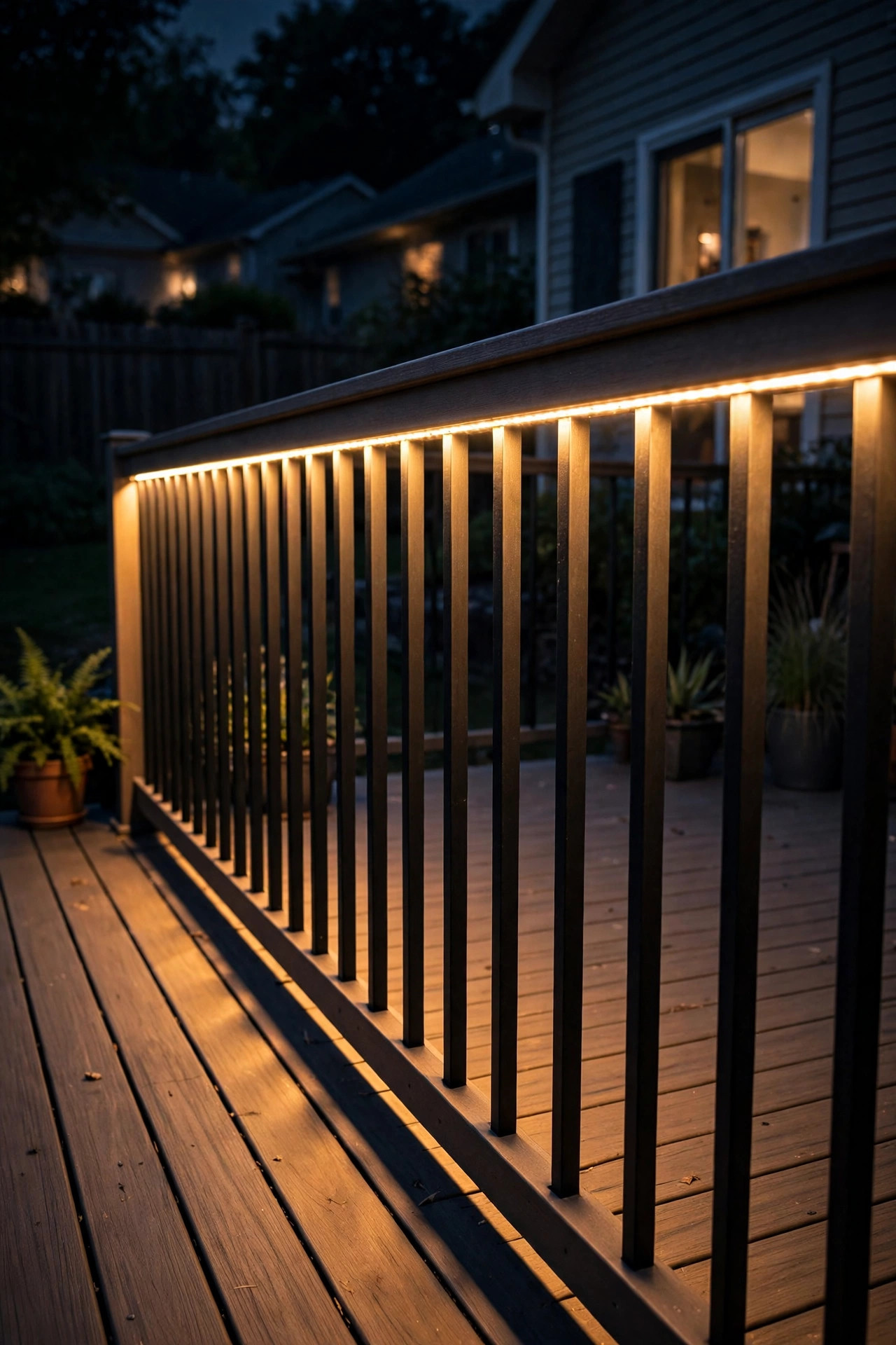 LED strip mounted under composite deck cap rail washing light down balusters at night