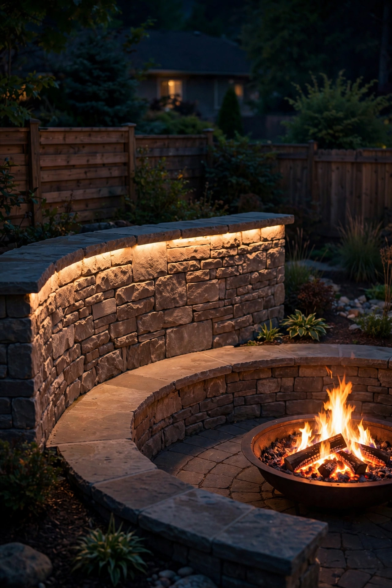 Warm LED strip glowing under stone capstones of a fire pit seating wall at night
