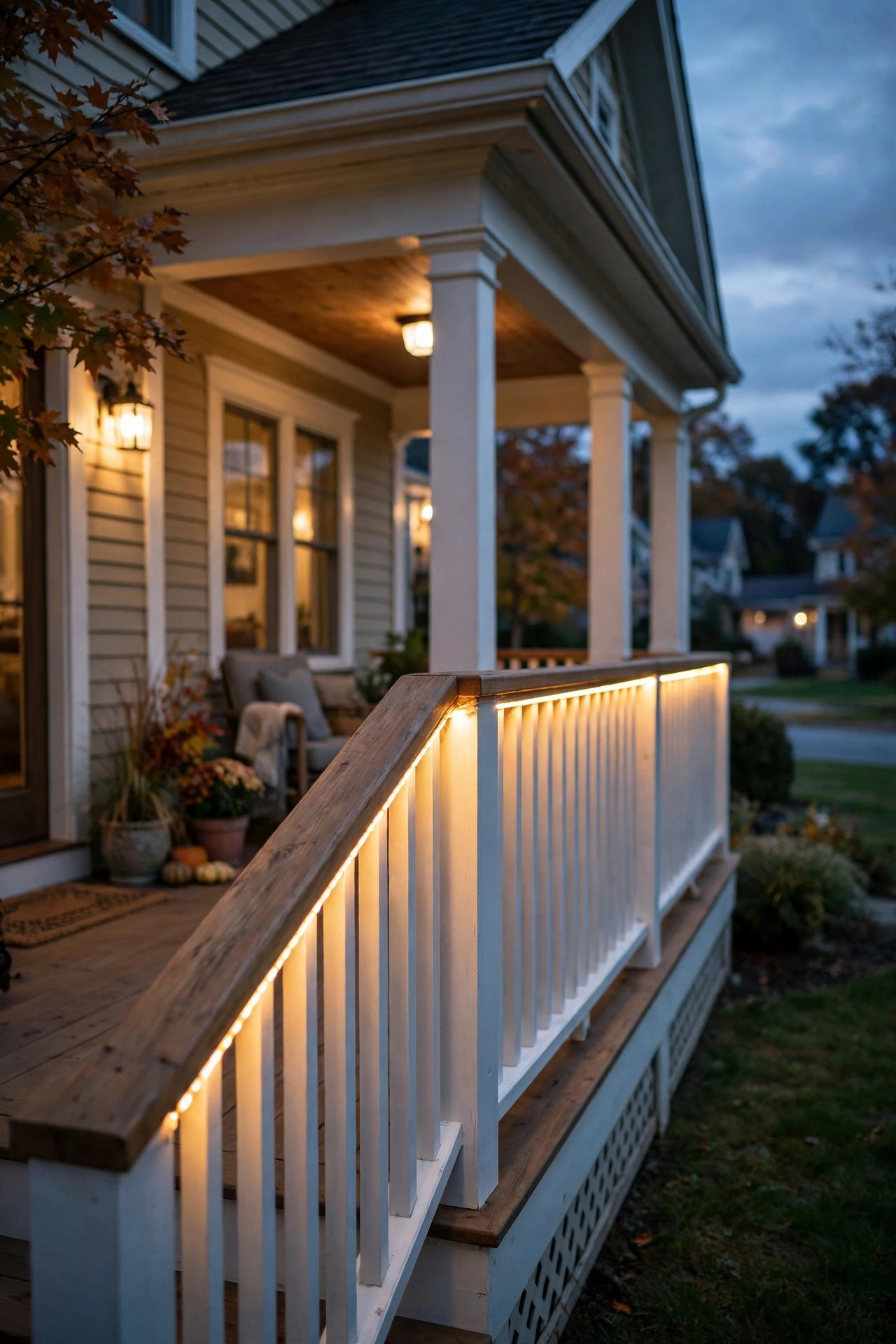 Hidden warm LED strip glowing under the handrail of a wraparound porch railing