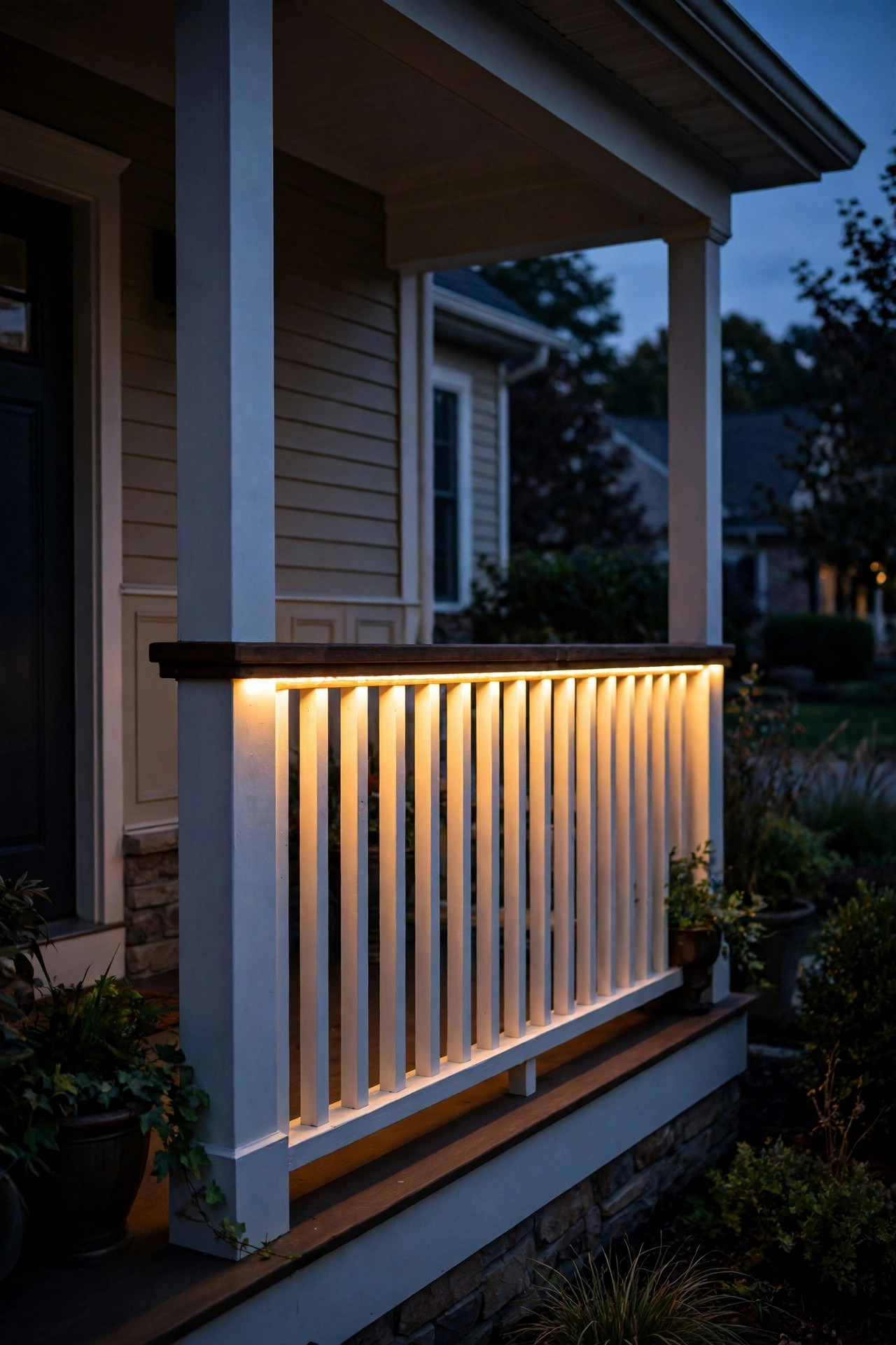 Hidden LED strip under a balcony handrail casting a soft ribbon of warm light down the railing at dusk