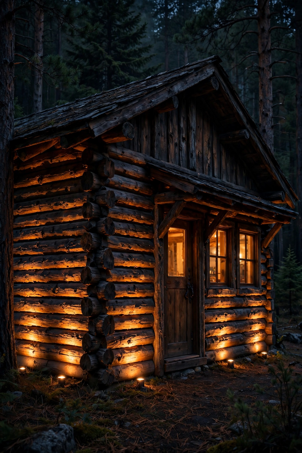 Uplights grazing warm light across log cabin facade walls at night, highlighting timber texture