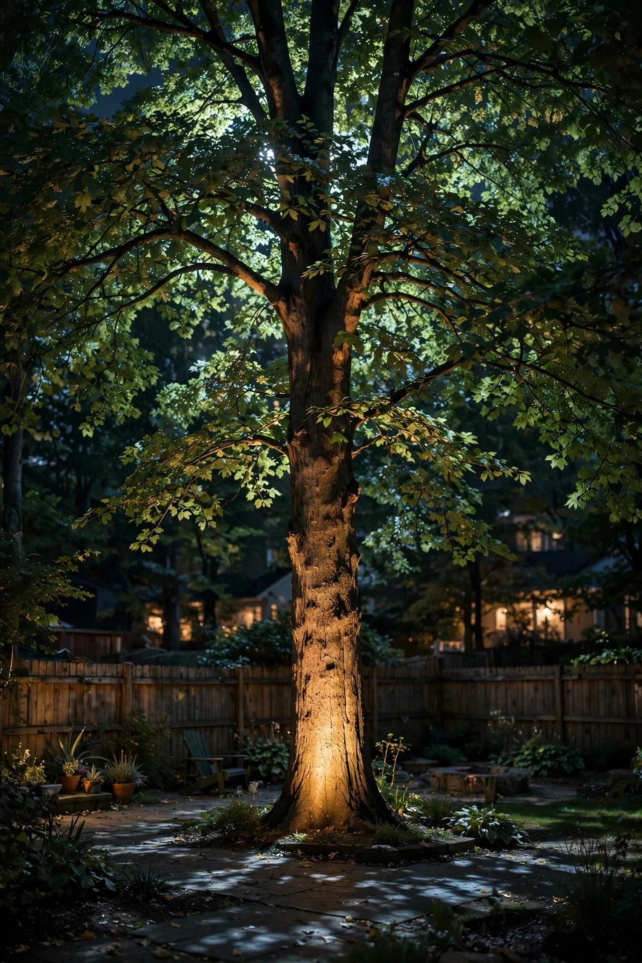 Tall tree at night with warm uplighting at the trunk and soft dappled moonlight-style light filtering through the canopy