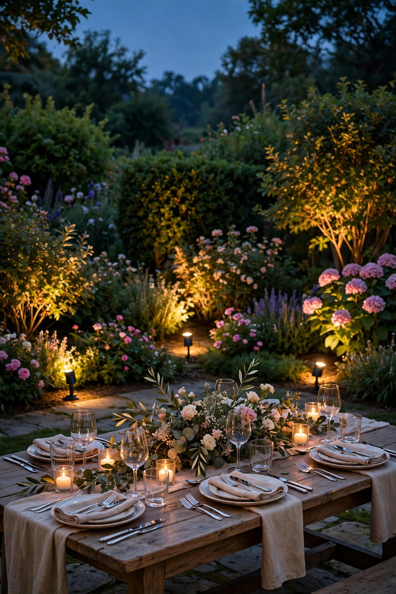 Low-voltage spotlights uplighting shrubs and flowering borders behind a garden party table at dusk