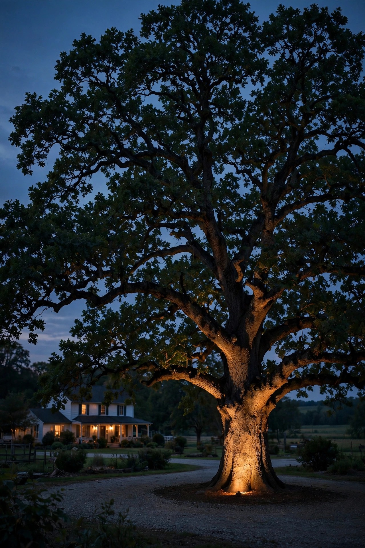 Large oak tree at a farmhouse turnaround glowing from a warm uplight at its base at night