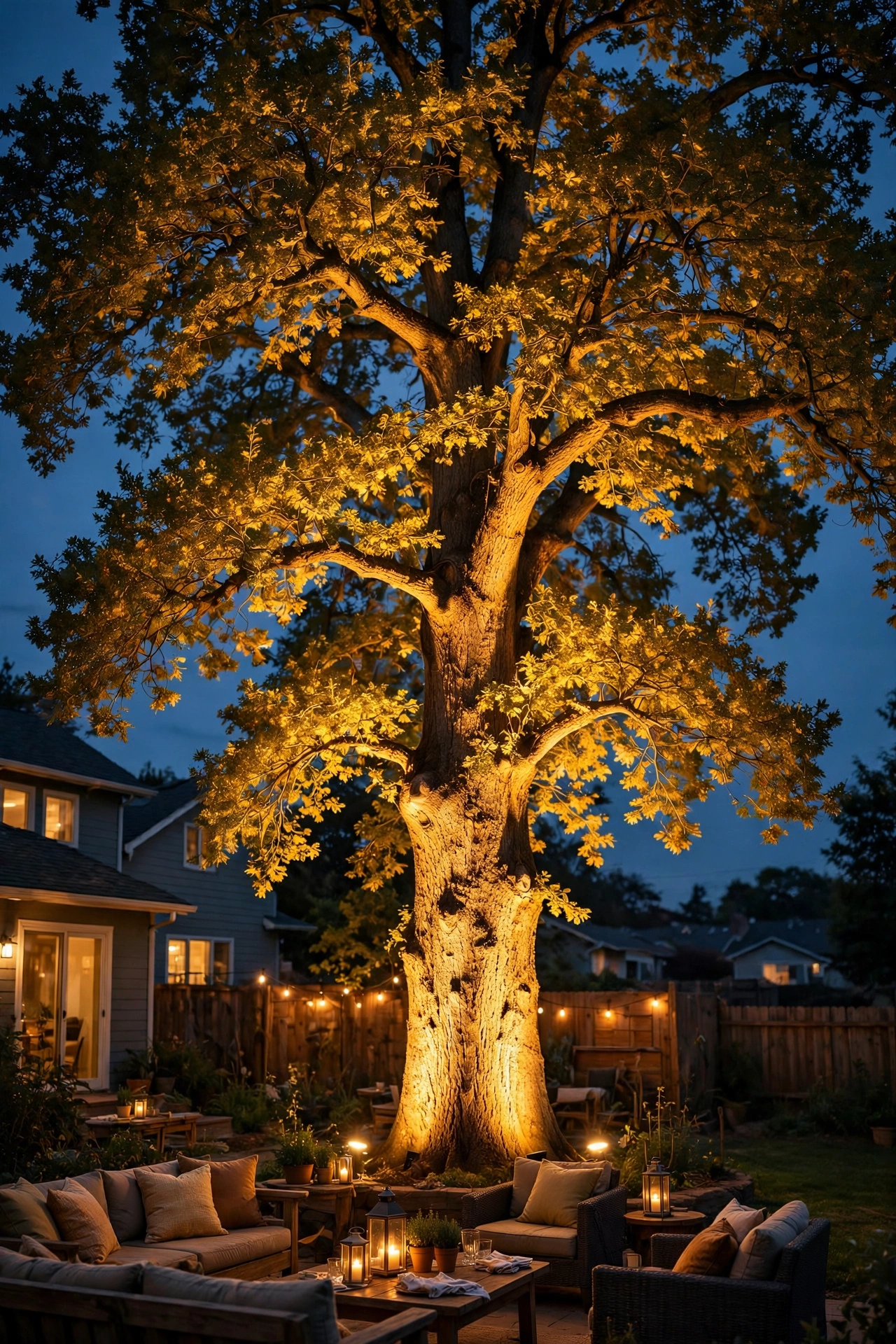 Dramatic uplighting on a large backyard tree creating a glowing party backdrop