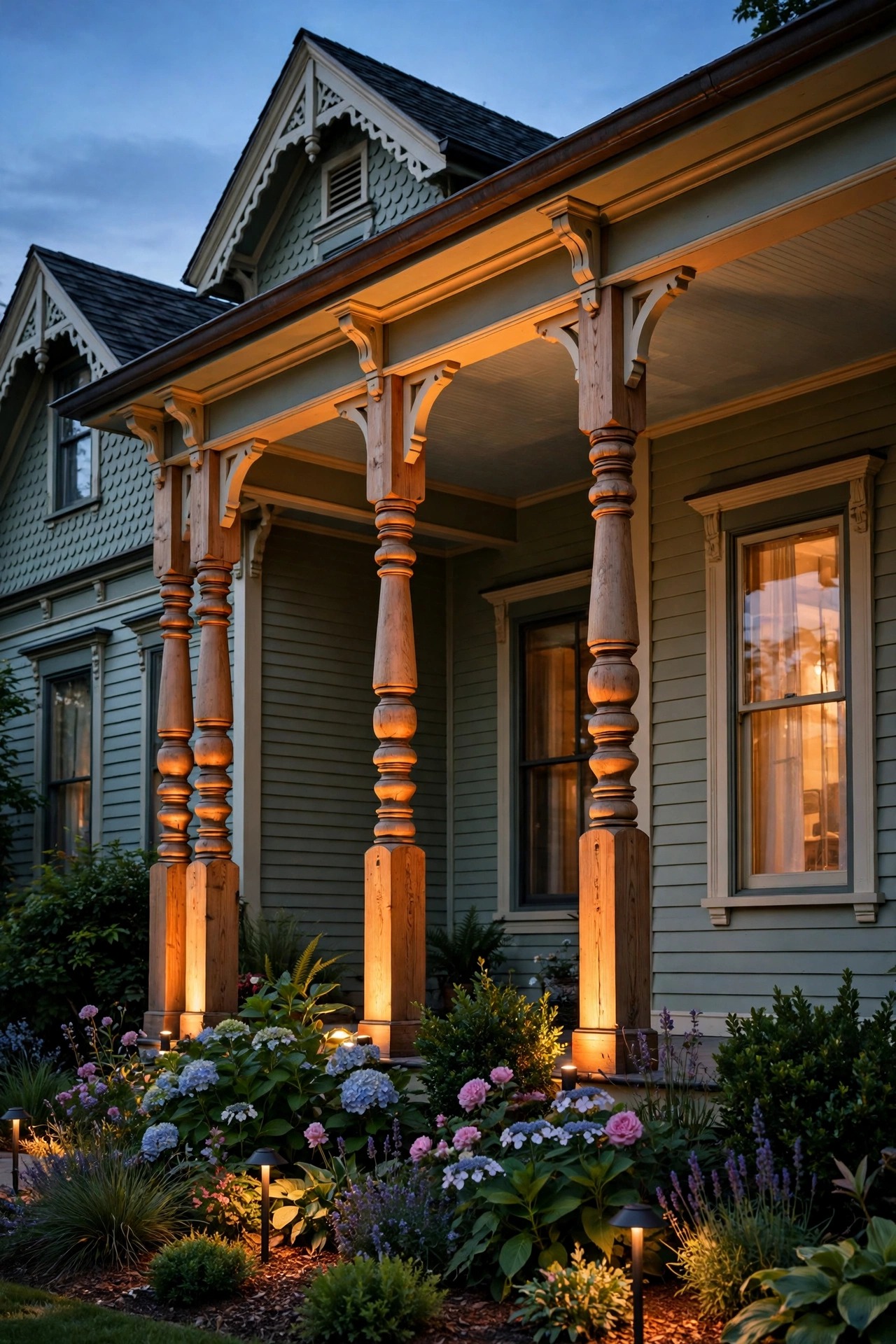 Turned Victorian porch columns washed with warm uplight from small ground fixtures in the flower bed at dusk