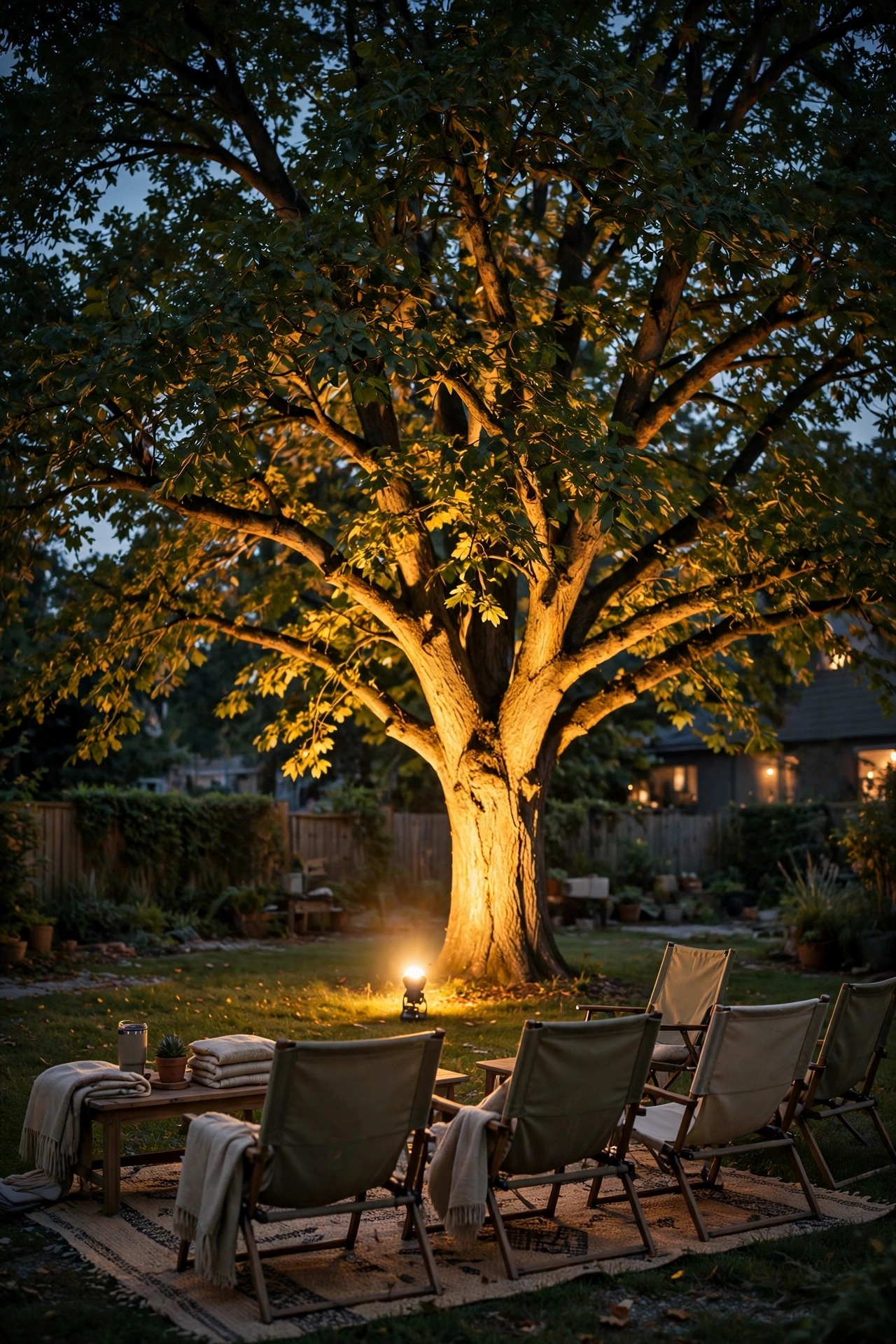 Large backyard tree uplit with warm light from a ground spotlight behind outdoor movie seating at night